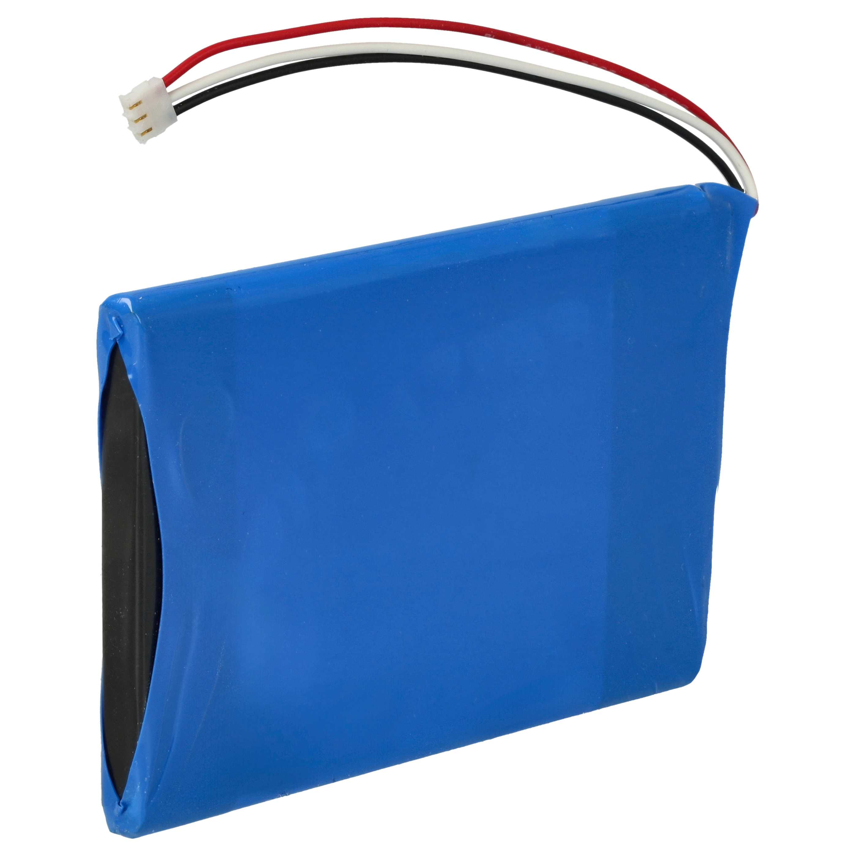 Blaue, rechteckige Batterie mit schwarzen Kanten und weißen, roten und schwarzen Drähten.