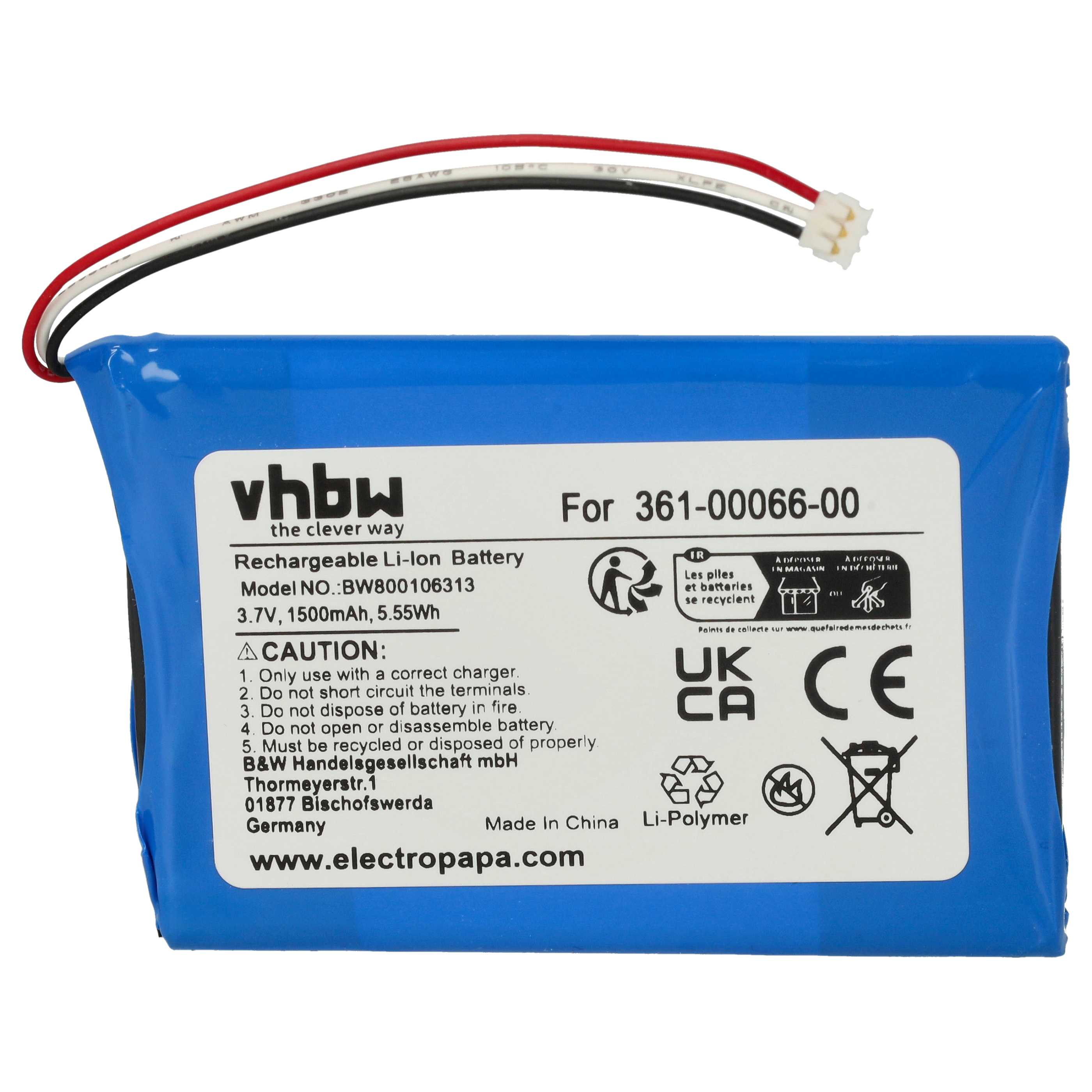 Blaue, wiederaufladbare Li-Ionen-Batterie mit weißen und roten Drähten. Sie hat Warnhinweise und Markeninformatinen.