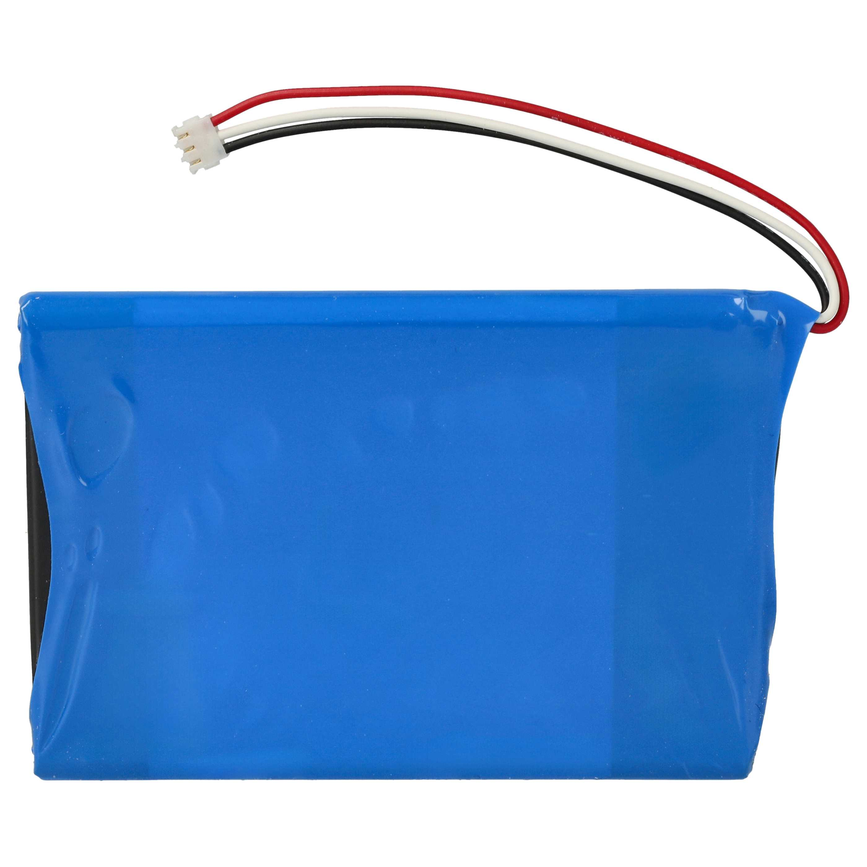 Blaue rechteckige Batterie mit Drähten auf weißer Oberfläche. Die Drähte sind rot, weiß und schwarz.