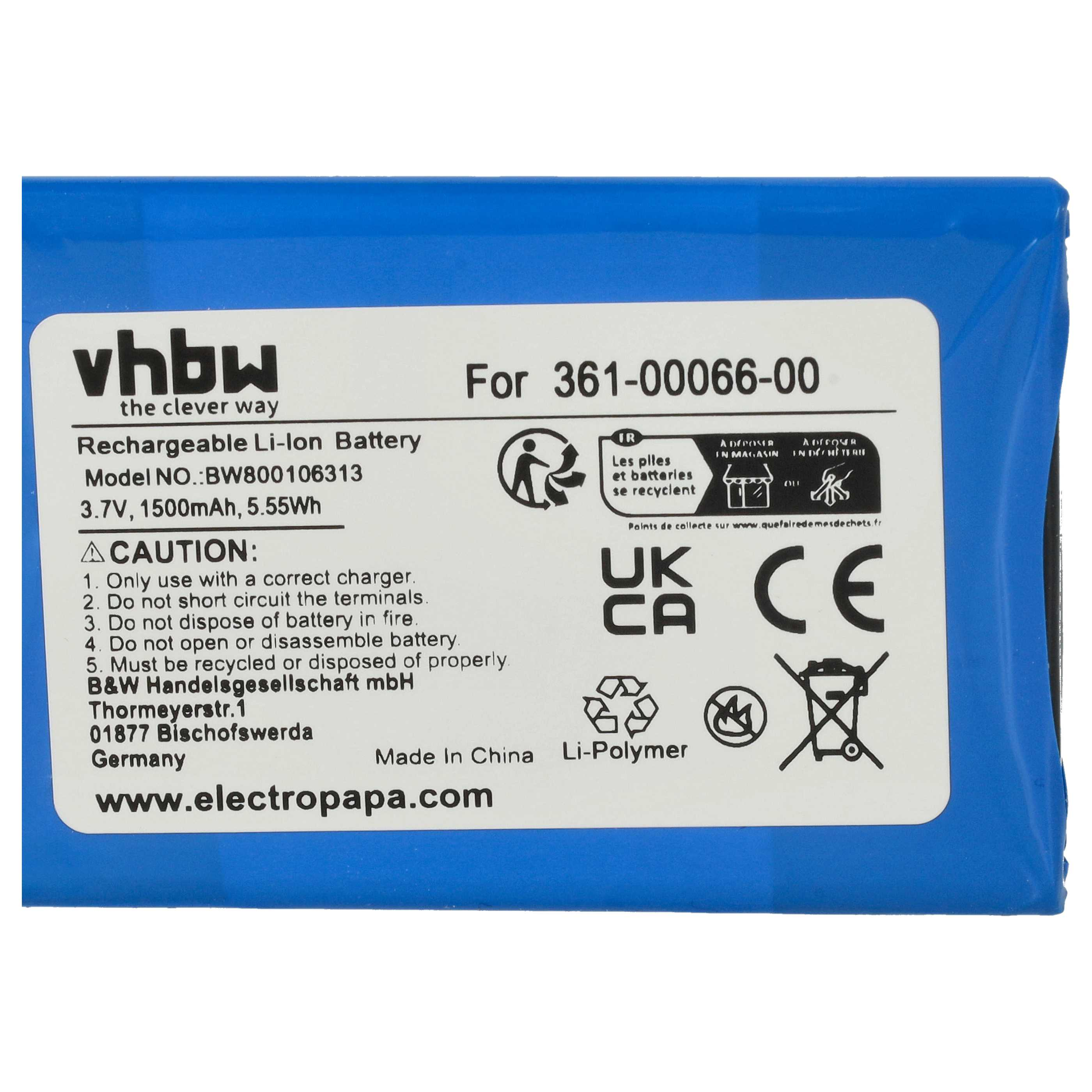 Blaue Batterie mit Warnhinweisen, Text und Symbolen. Weißer Hintergrund.