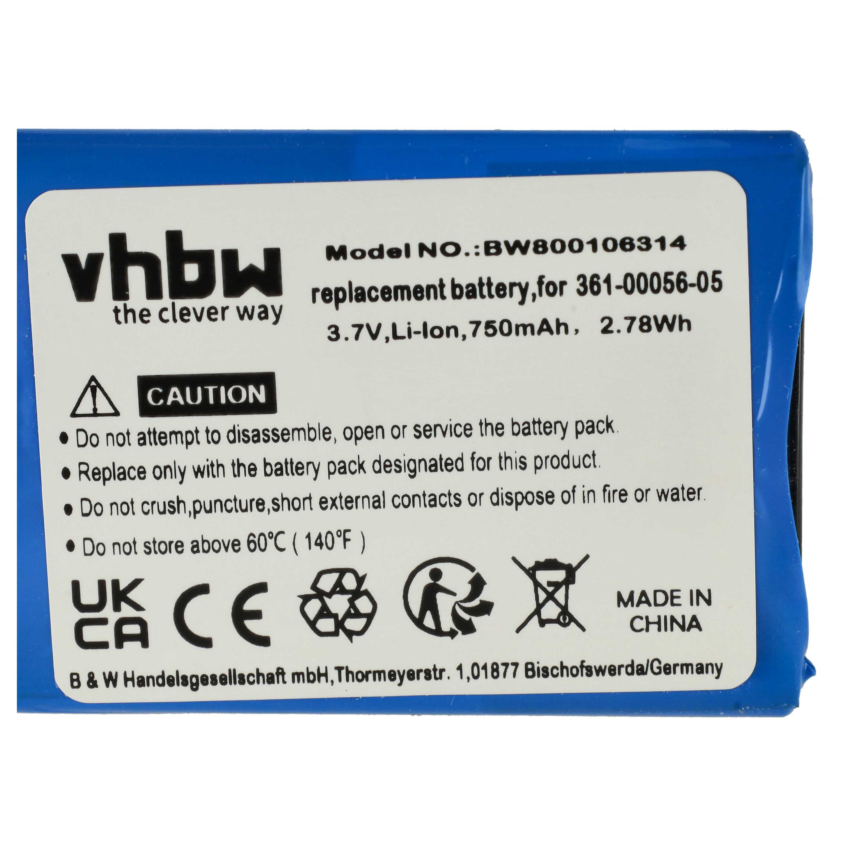 Blaue Ersatzbatterie mit Text. Vorsichtsetikett. Hergestellt in China.