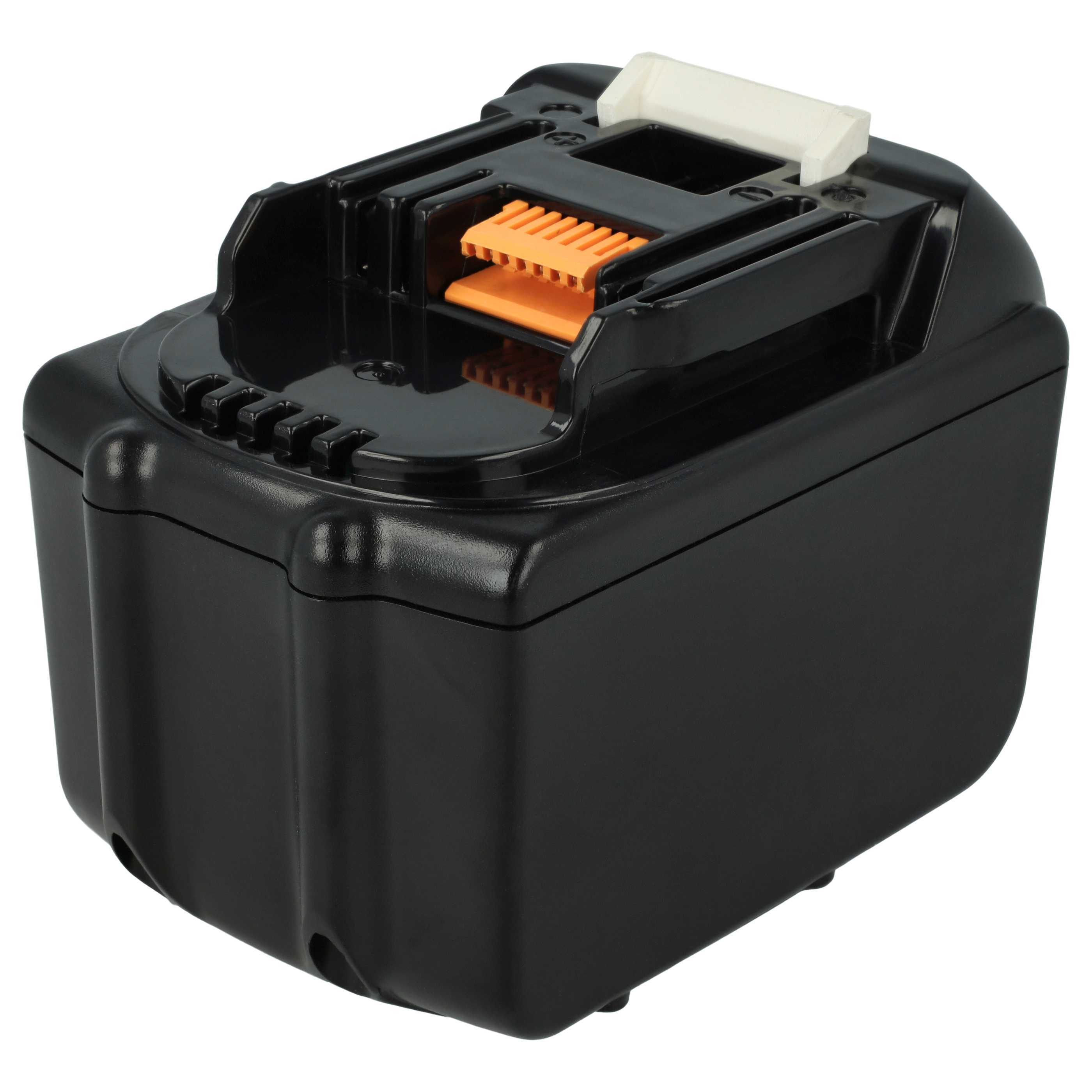 Schwarzer Akku, orangefarbene Anschlüsse, schwarzes Gehäuse, weiße Oberseite.