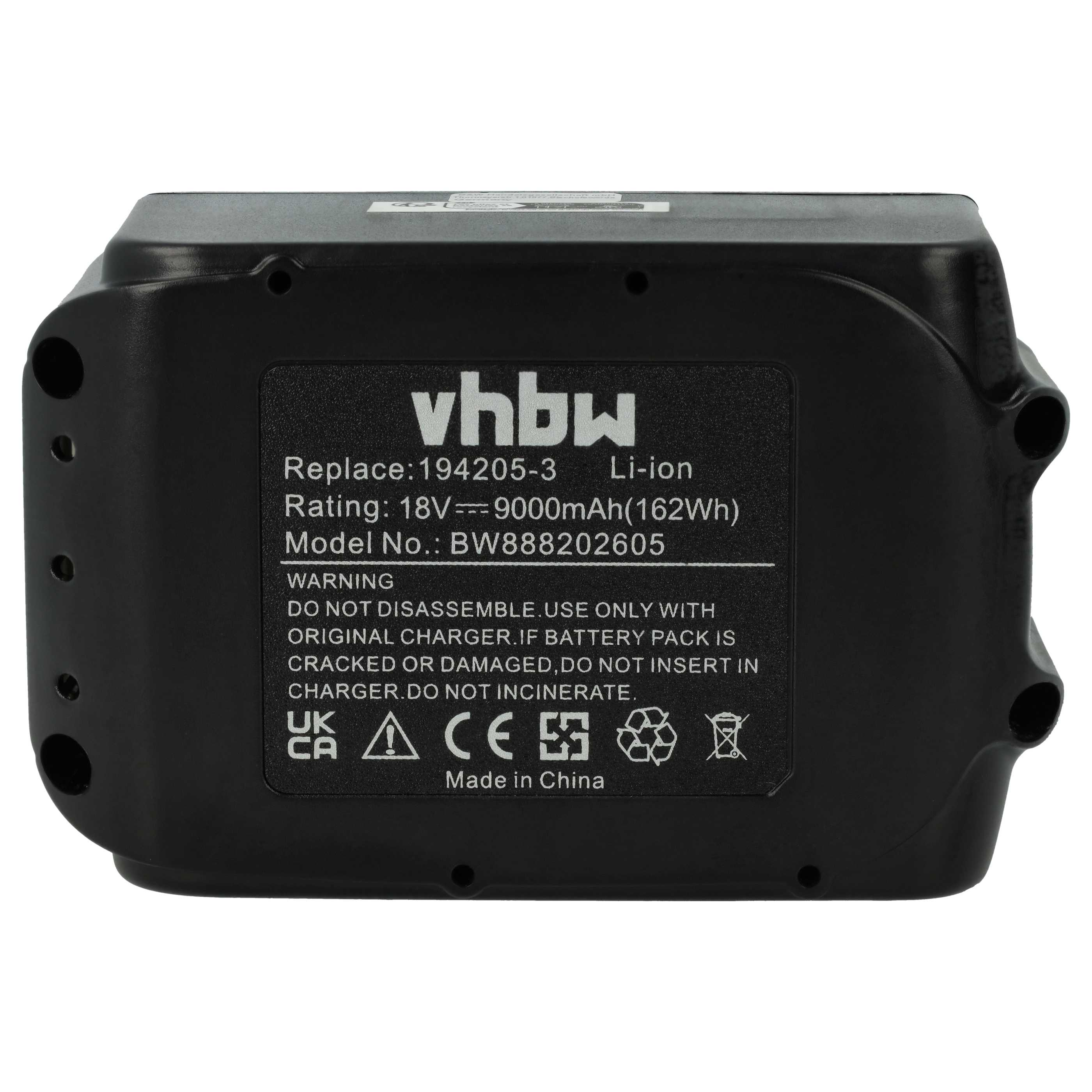 Eine schwarze Batterie mit einem Etikett. Es hat Warnungen und Produktinformationen aufgedruckt.