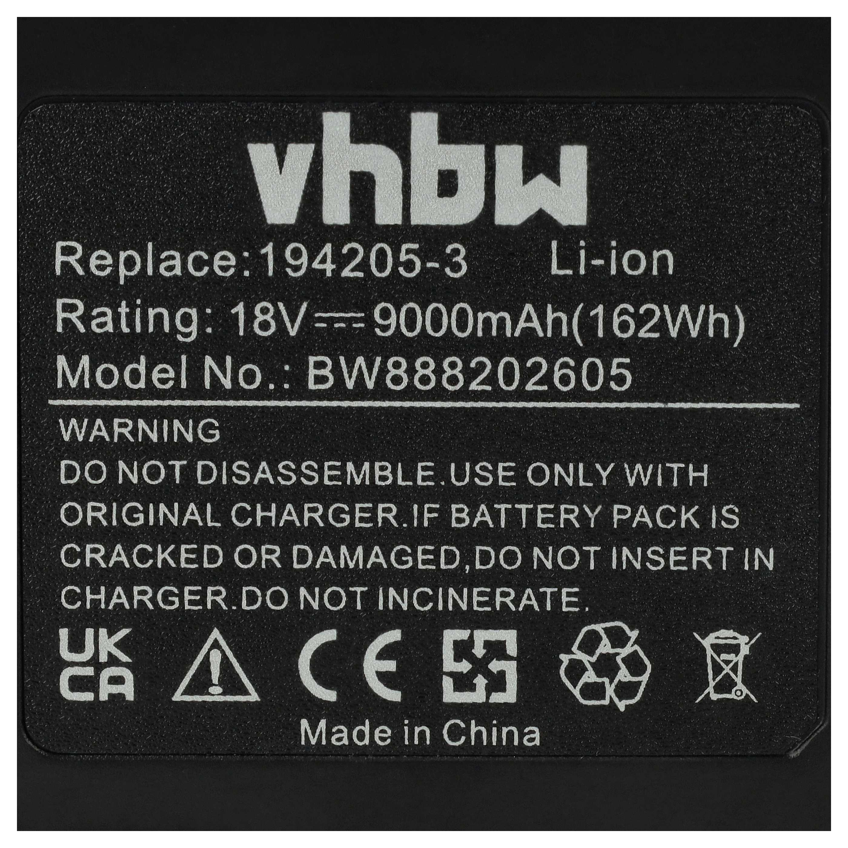 Schwarzes Batteriepack-Etikett mit Text zu Spezifikationen, Warnhinweisen und Recycling-Symbolen.