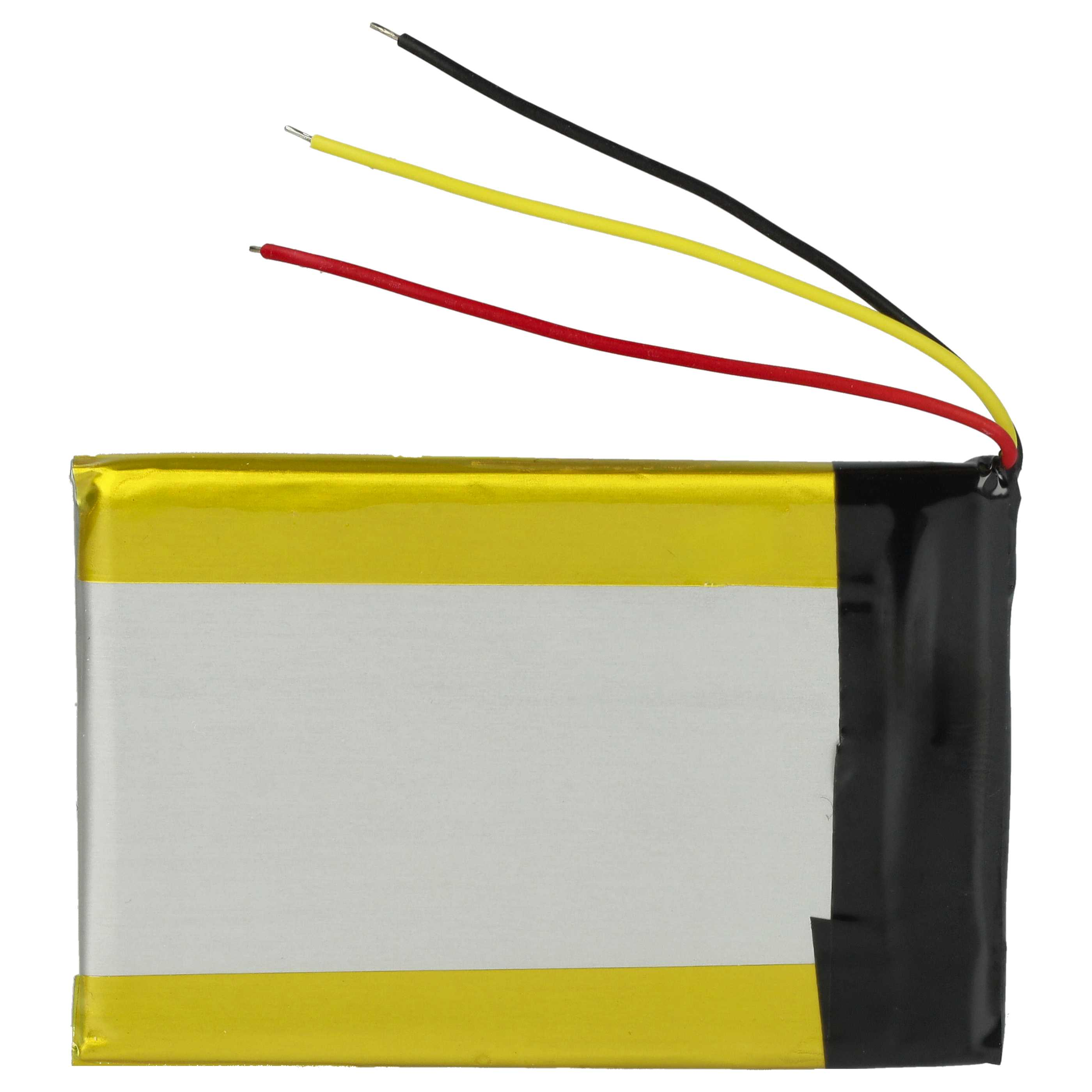 Gelbe und weiße Batterie mit drei Drähten: schwarz, gelb und rot, vor weißem Hintergrund.