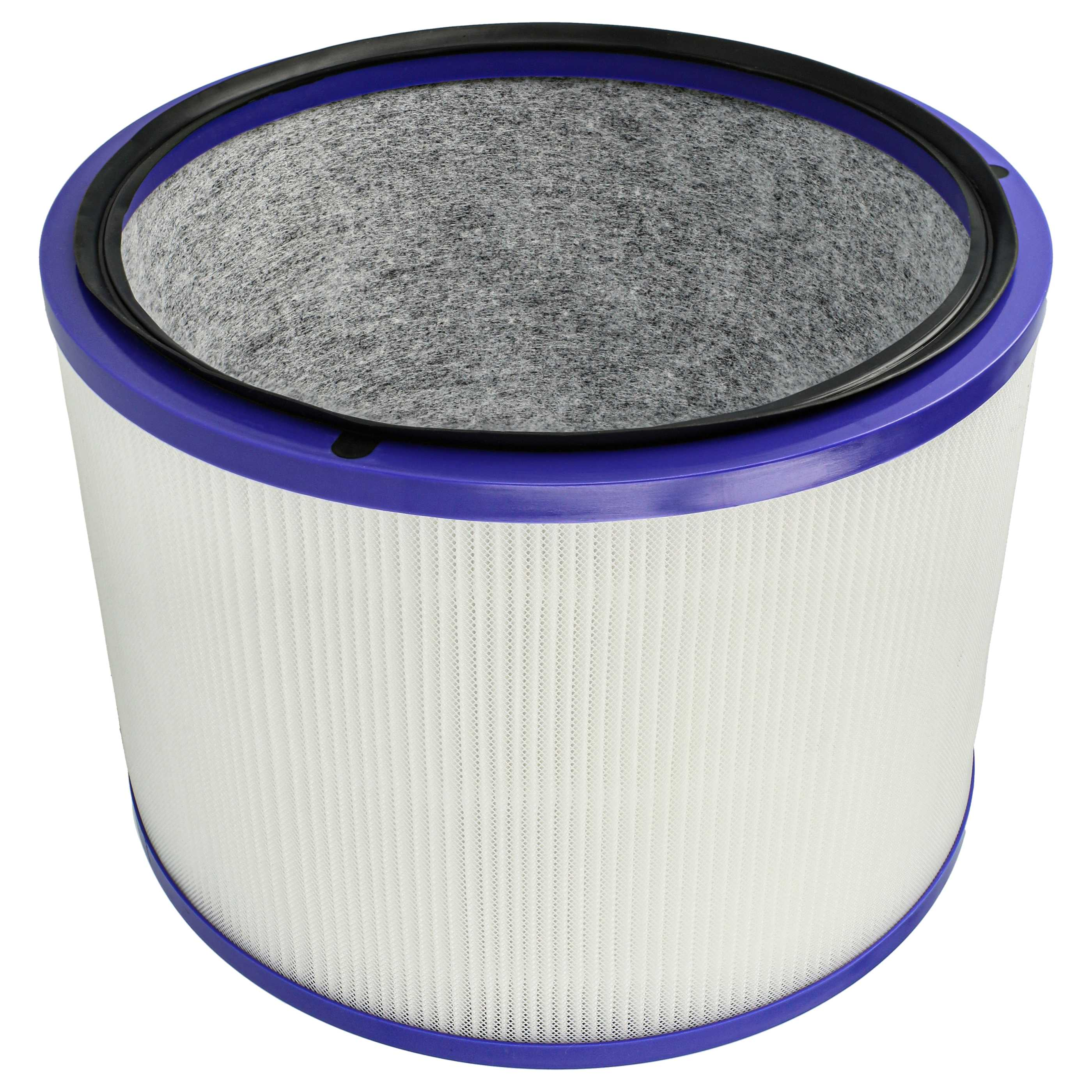 Weiß-blauer Luftfilter mit schwarzem Rahmen. Der Filter ist zylindrisch geformt.