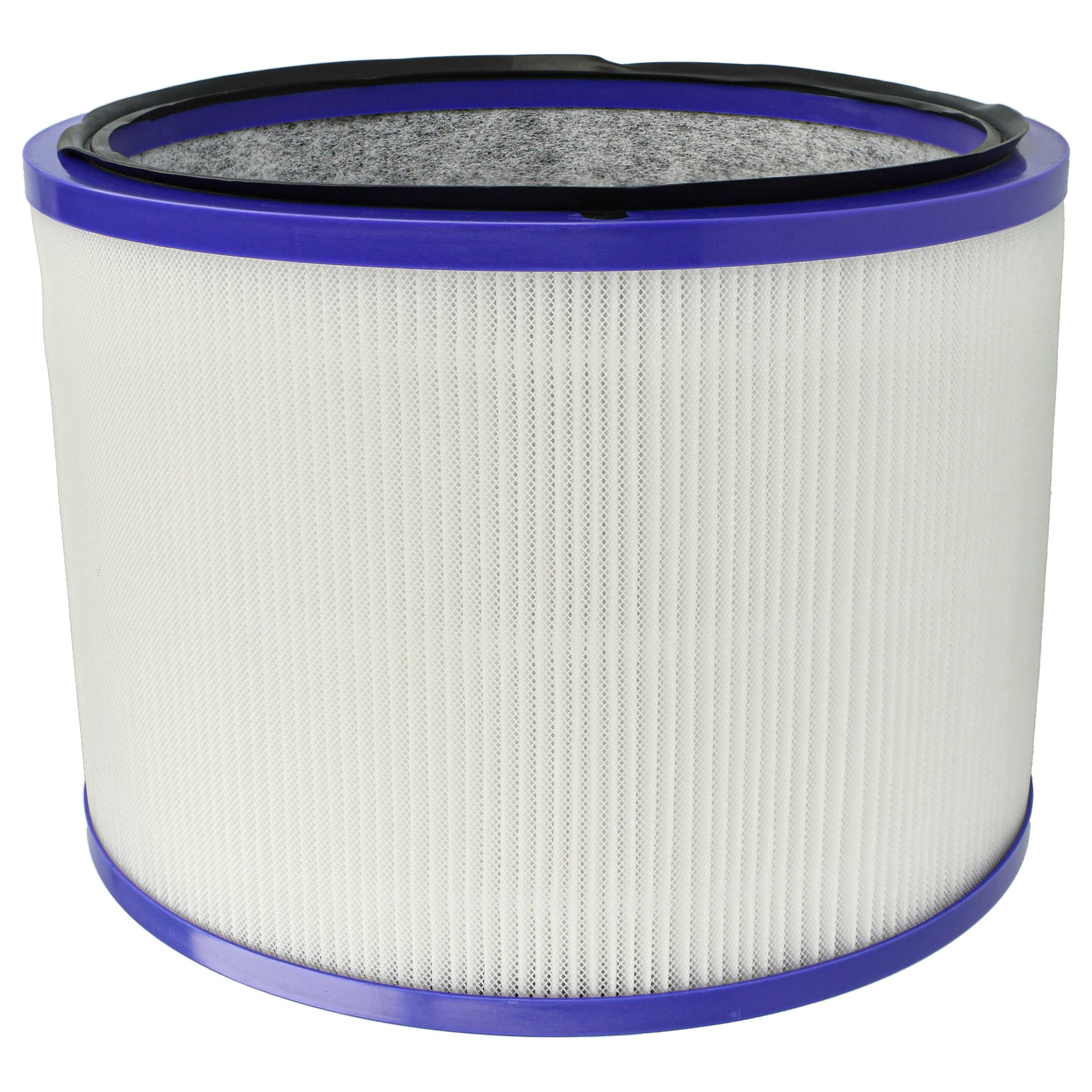 Luftfilter, weißer Zylinder mit blauen Rändern. Schwarzes Mesh-Top. Sauber, isoliert auf Weiß.