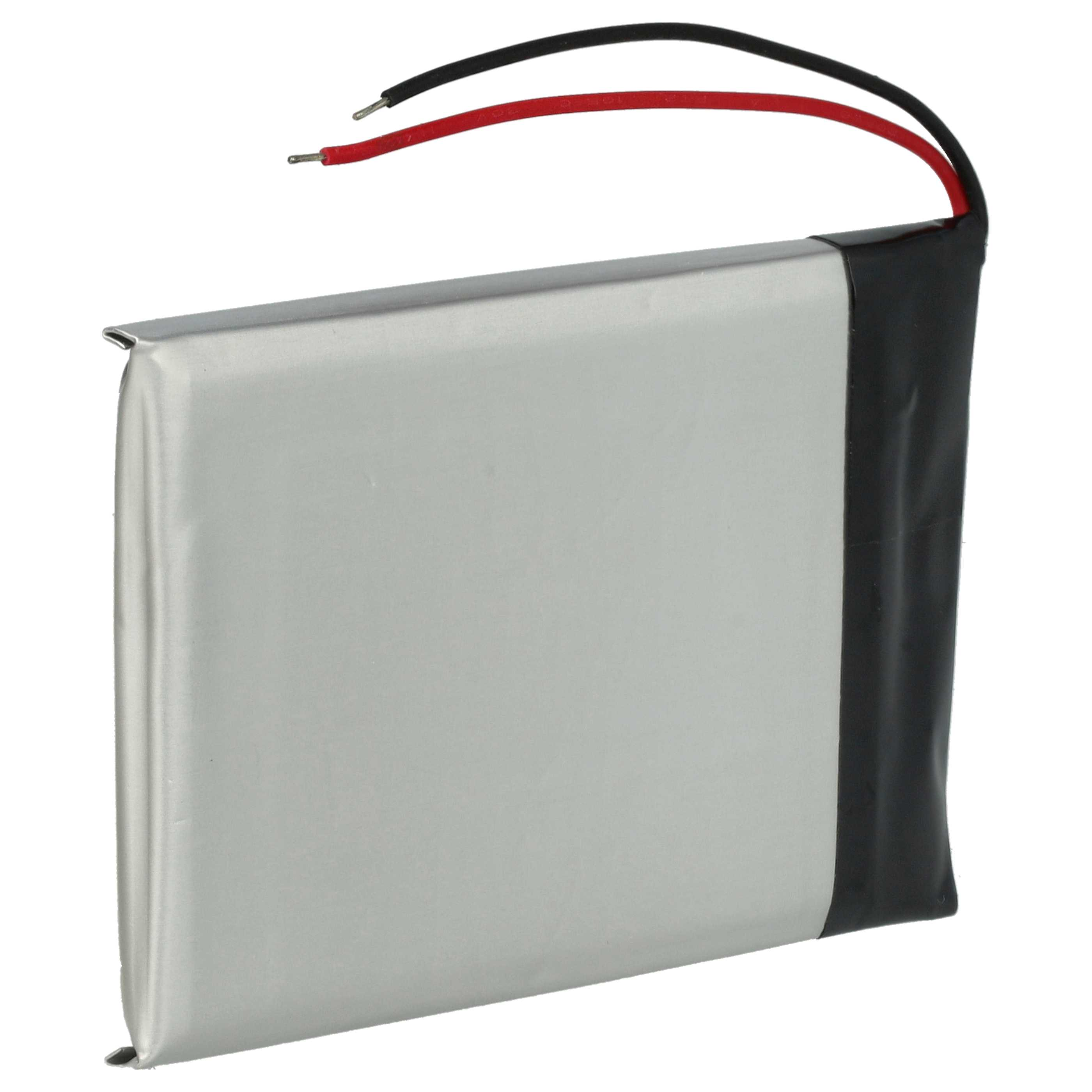 Silbernes Batteriepack mit schwarzen und roten Drähten, die oben herausragen. Eine quadratische Batterieform.