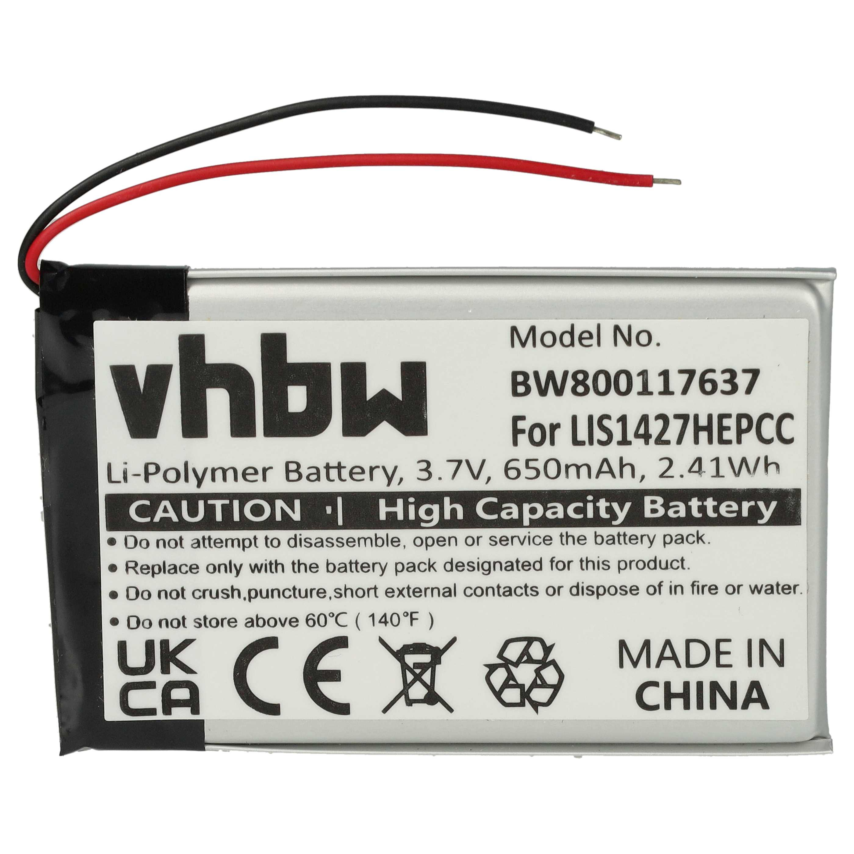 Ein Batterieetikett mit Text und Symbolen, schwarze und rote Drähte oben.