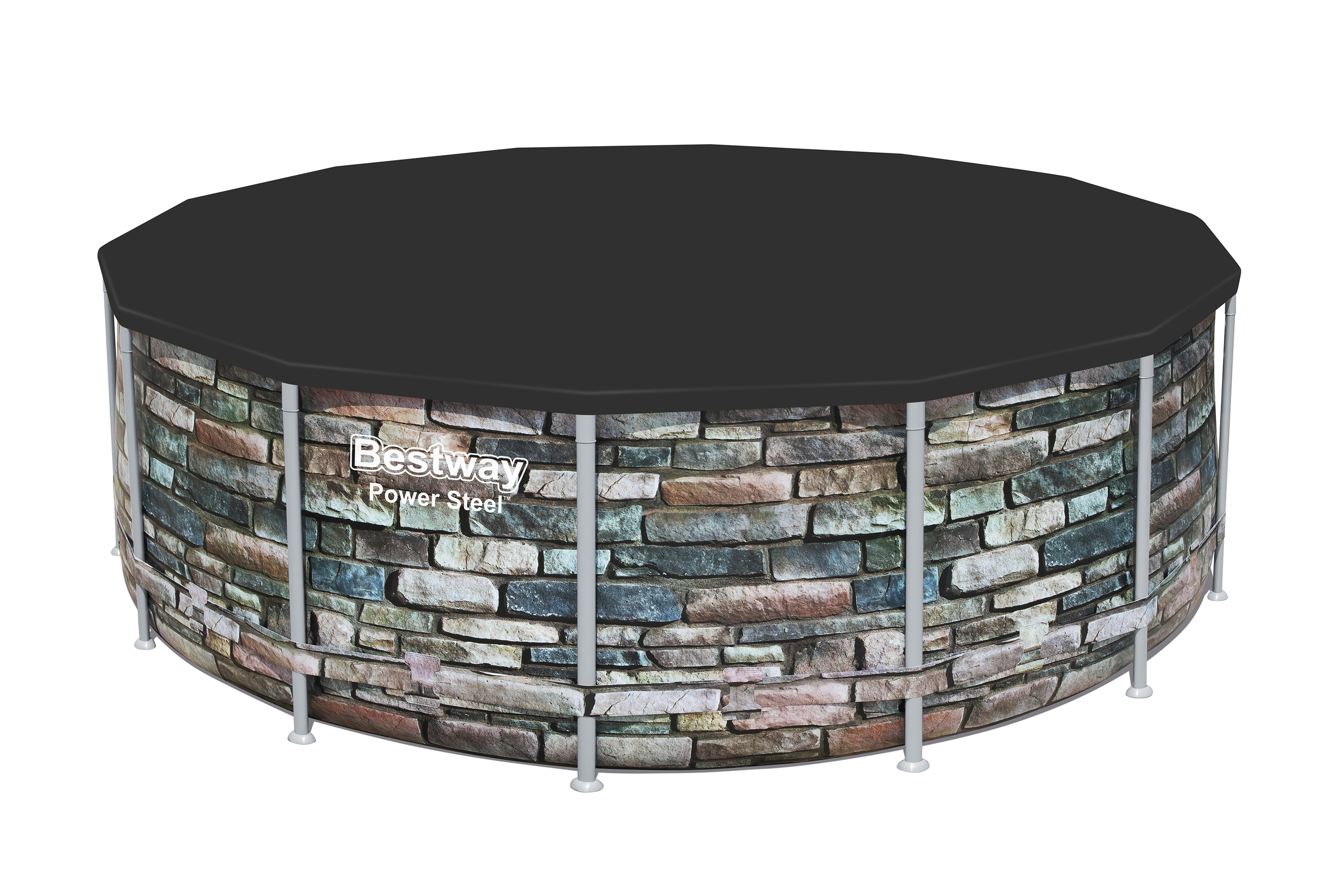 Ein runder Bestway-Pool mit Steinwand-Design und schwarzer Abdeckung.