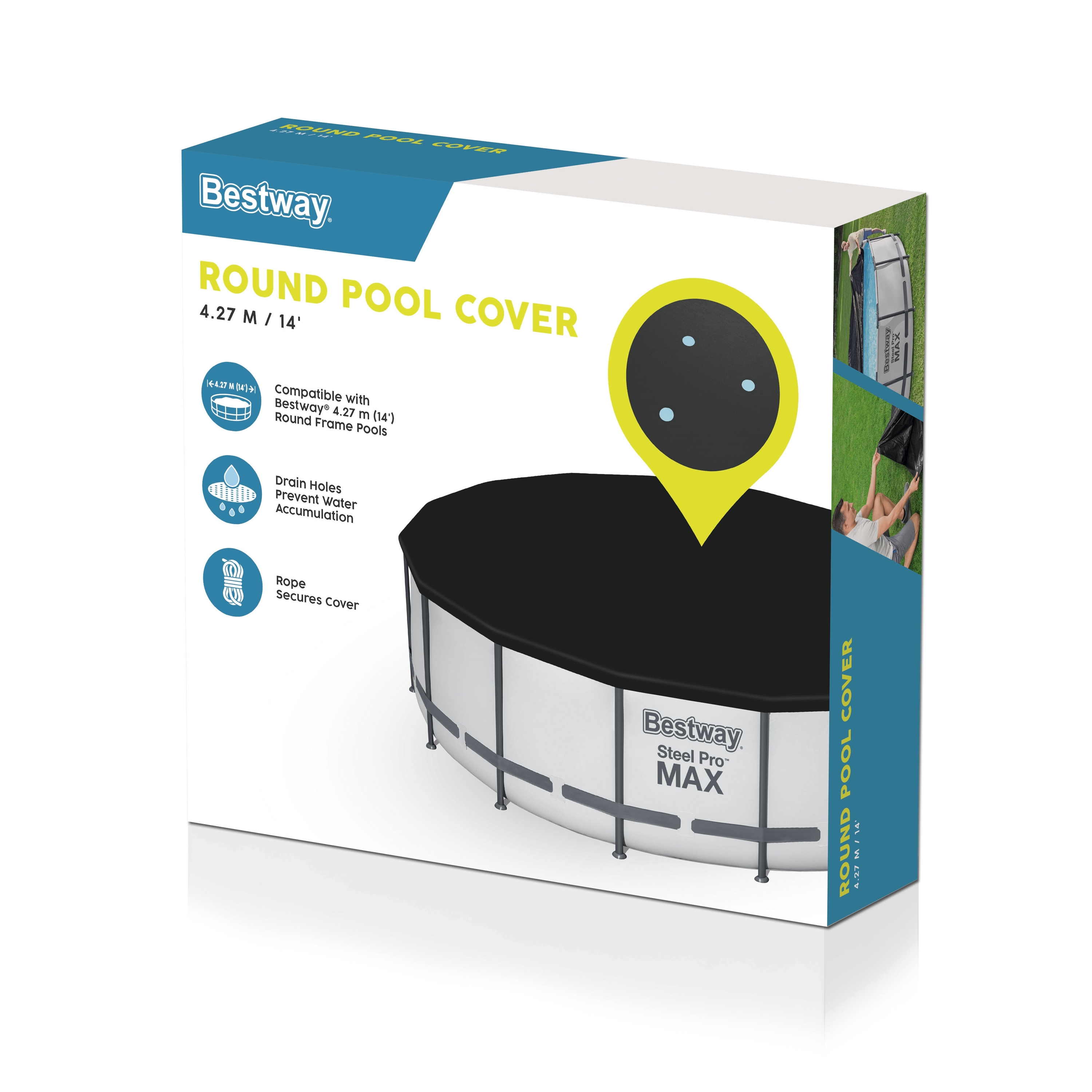 Box mit einer Poolabdeckung-Illustration. Ein runder Pool mit Abdeckung ist auf der Box.