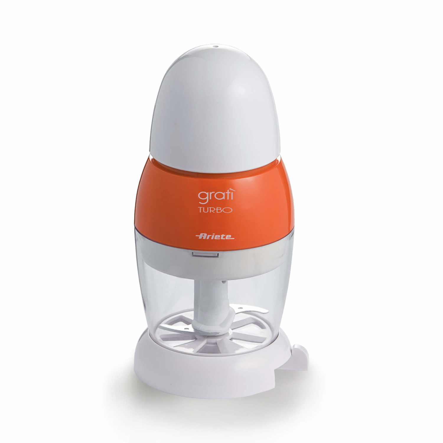 Weiß-oranger Küchenmixer mit transparentem Behälter und weißem Sockel.