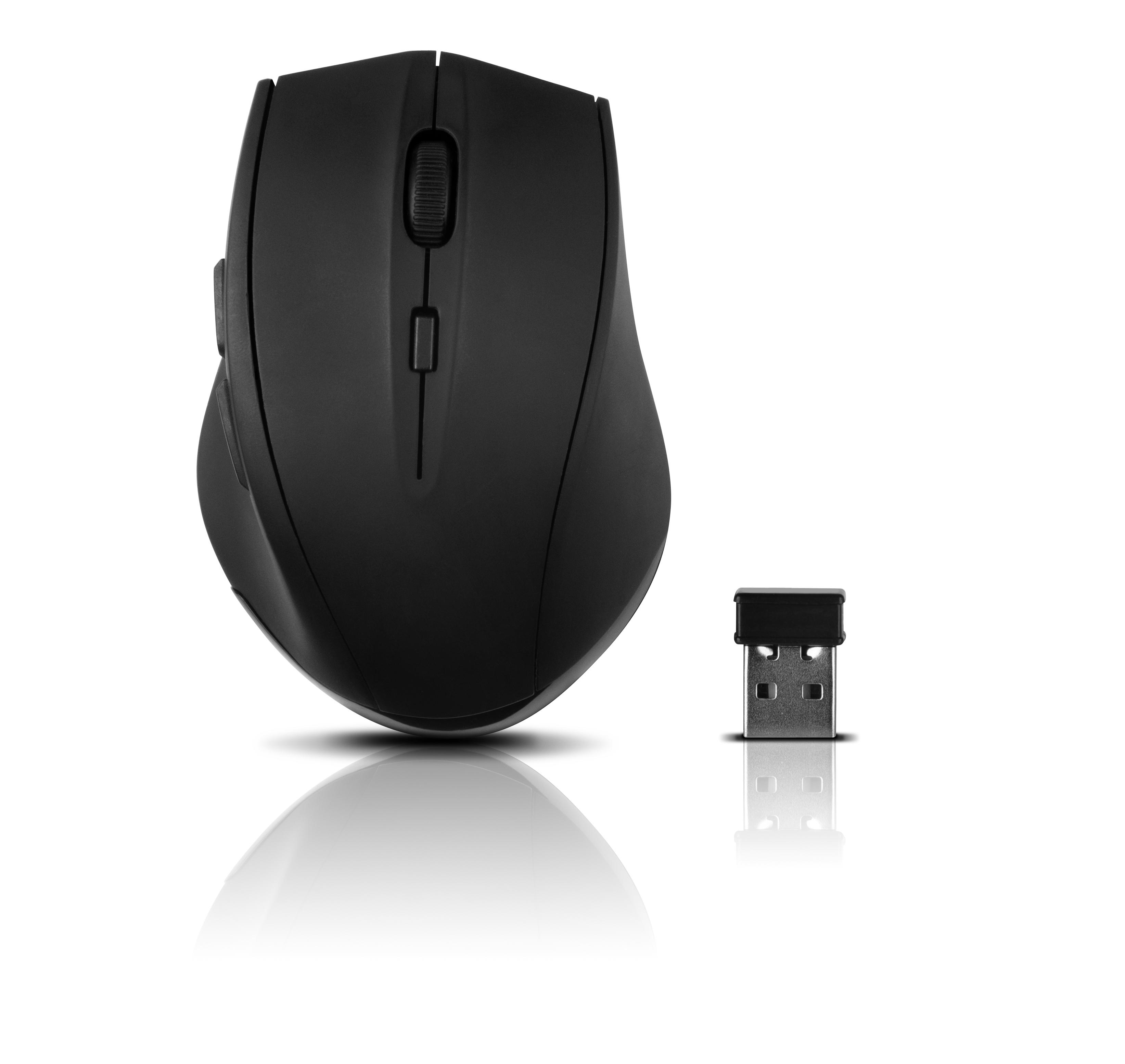 Czarna mysz bezprzewodowa obok odbiornika USB. Mysz na białej powierzchni.