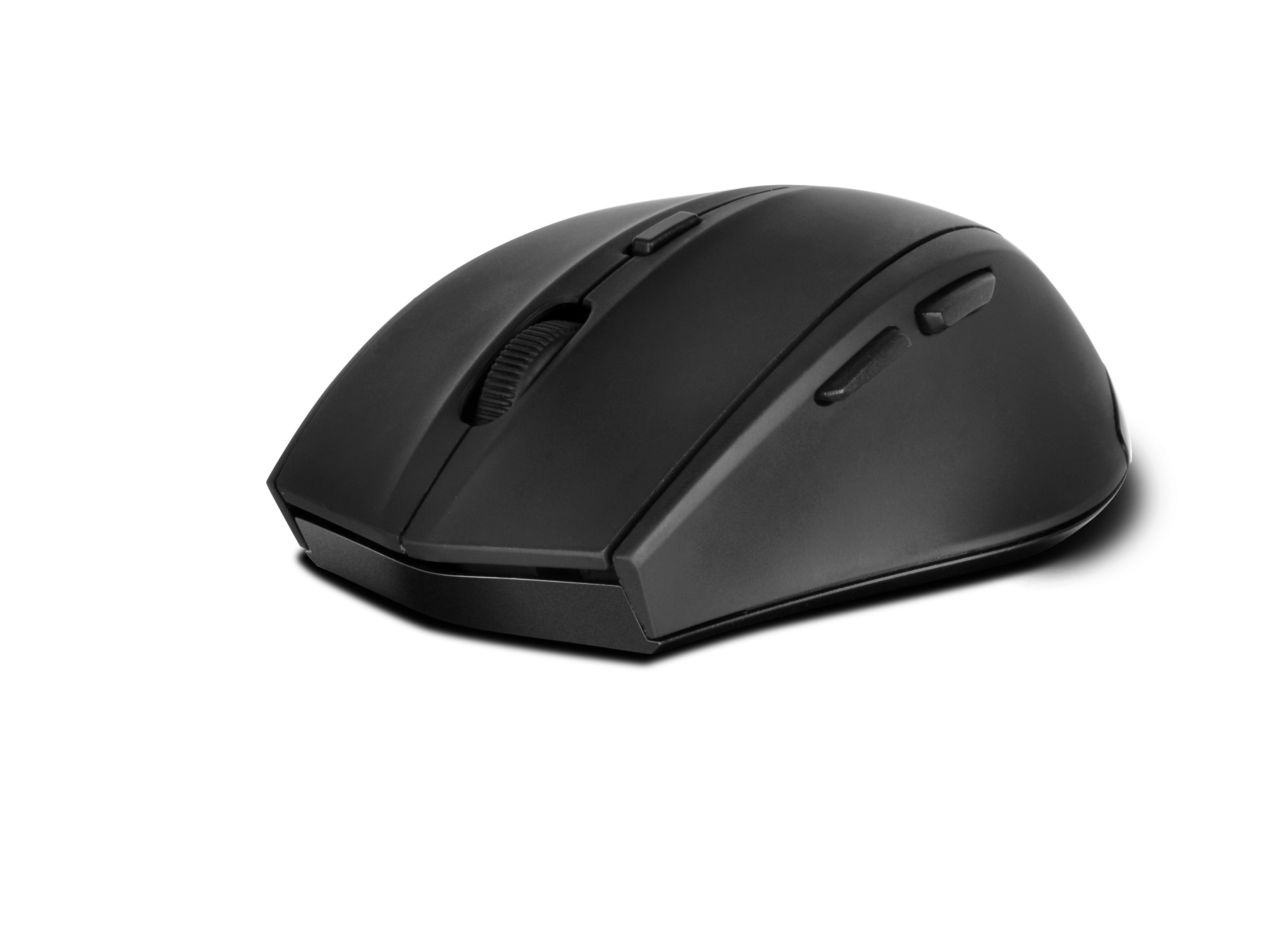 Czarna mysz bezprzewodowa na białym tle, widok z góry z przyciskami.