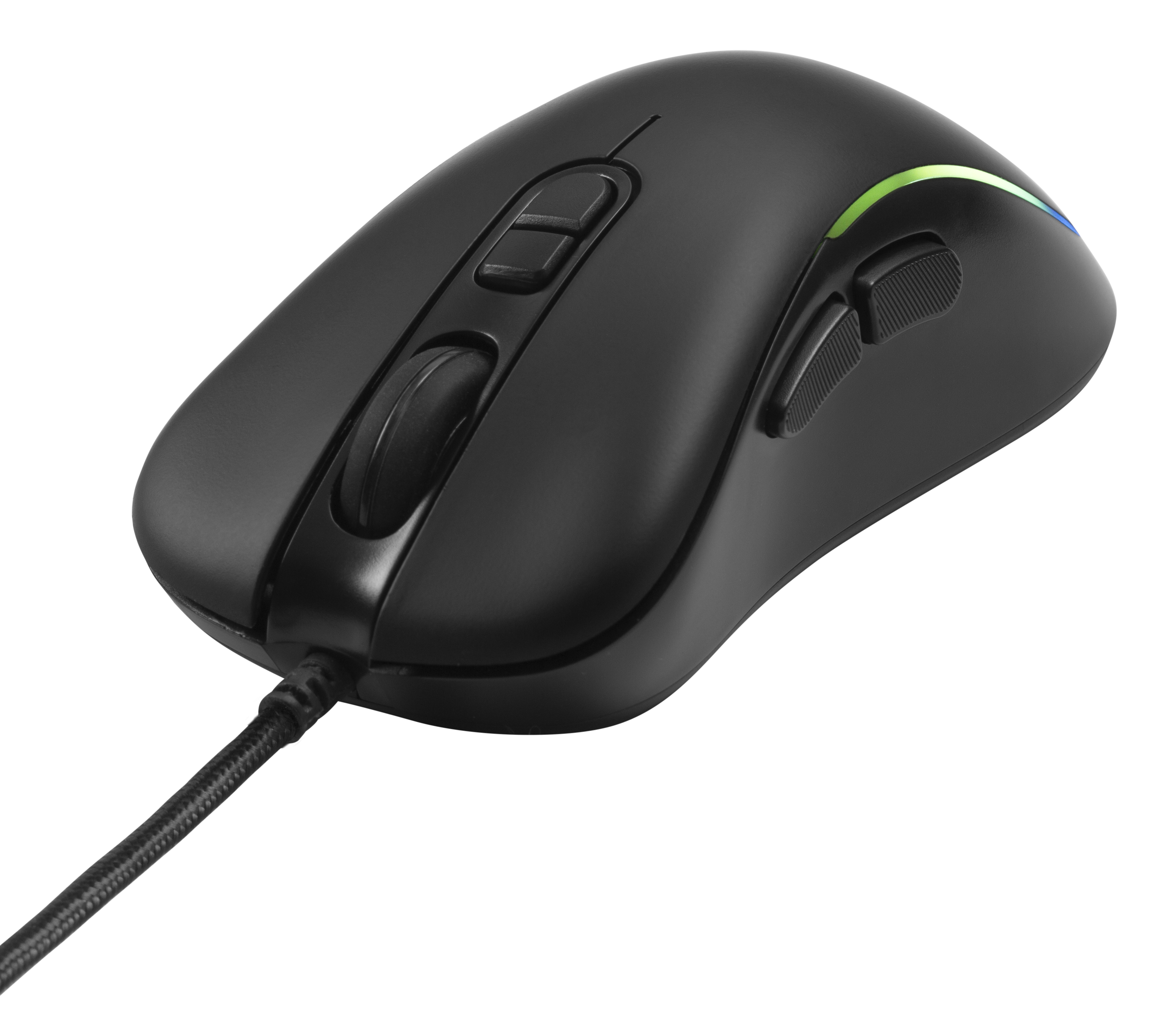 Un mouse da gioco nero con pulsanti e rotella di scorrimento, su una superficie bianca.