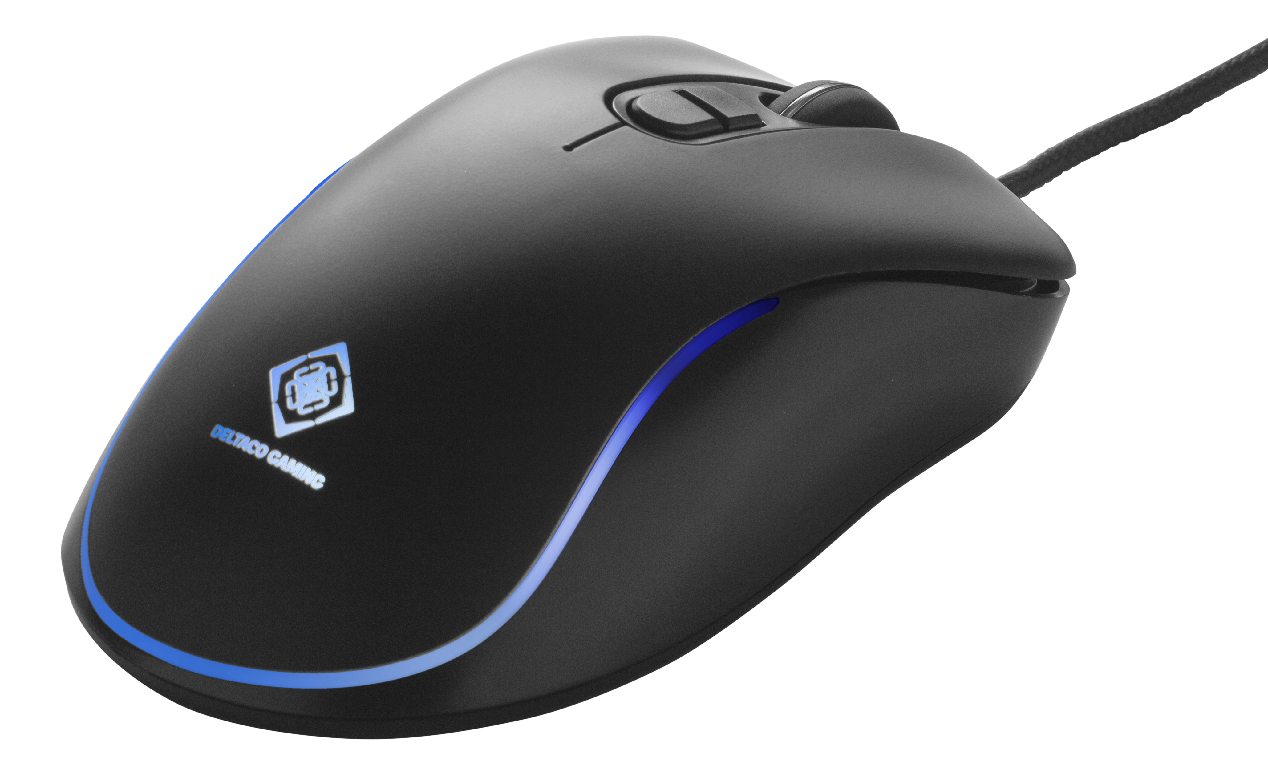 Un mouse da gioco nero con accenti blu, che mostra il logo del marchio su sfondo bianco.
