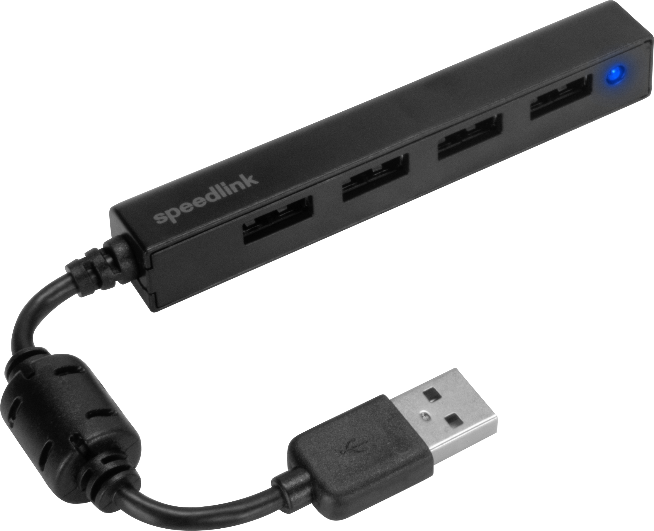 Zwarte USB-hub met vier poorten en aangesloten USB-kabel met blauw indicatielampje.