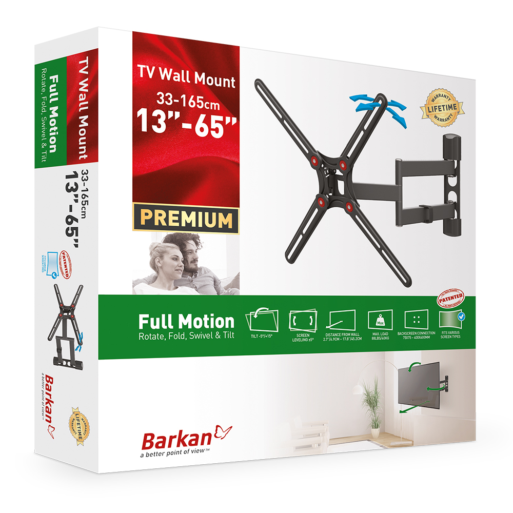 TV-Wandhalterungsbox mit Produktdetails und einem Paarbild.