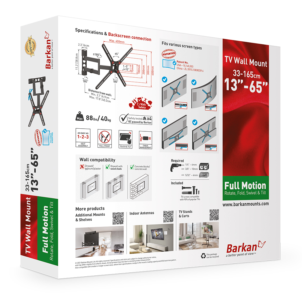 Verpackung für eine TV-Wandhalterung. Enthält Diagramme, Spezifikationen und ein Produktbild.