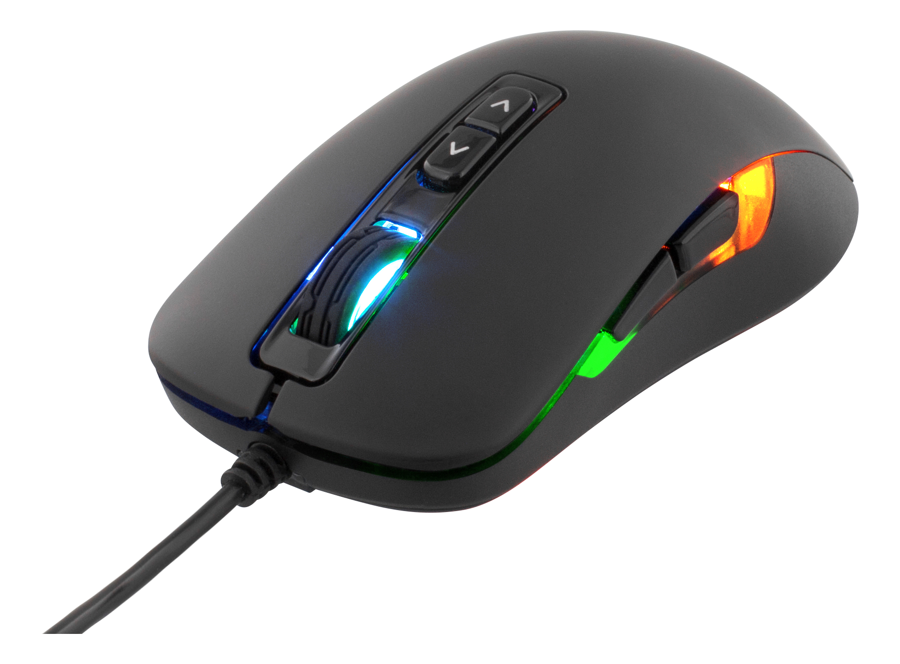 Schwarze Gaming-Maus mit Seitentasten und beleuchteten Kanten, die blaues, grünes und oranges Licht aussenden.