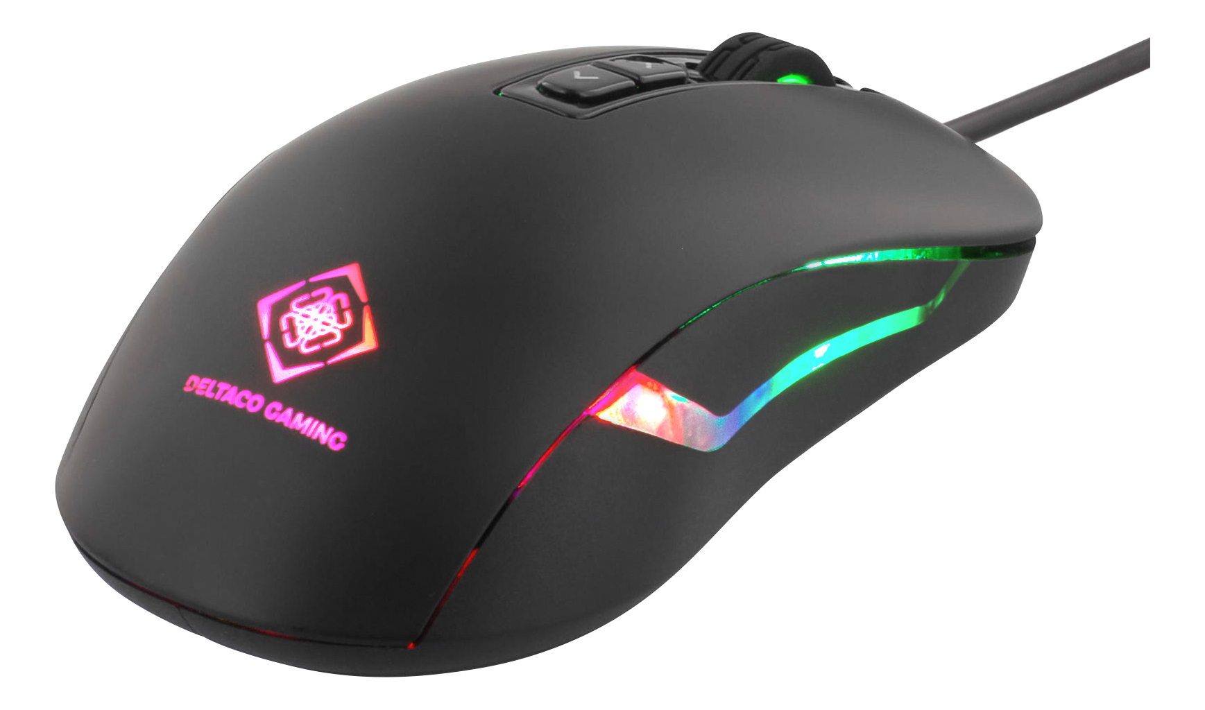 Eine schwarze Gaming-Maus mit RGB-Beleuchtung und einem Logo.