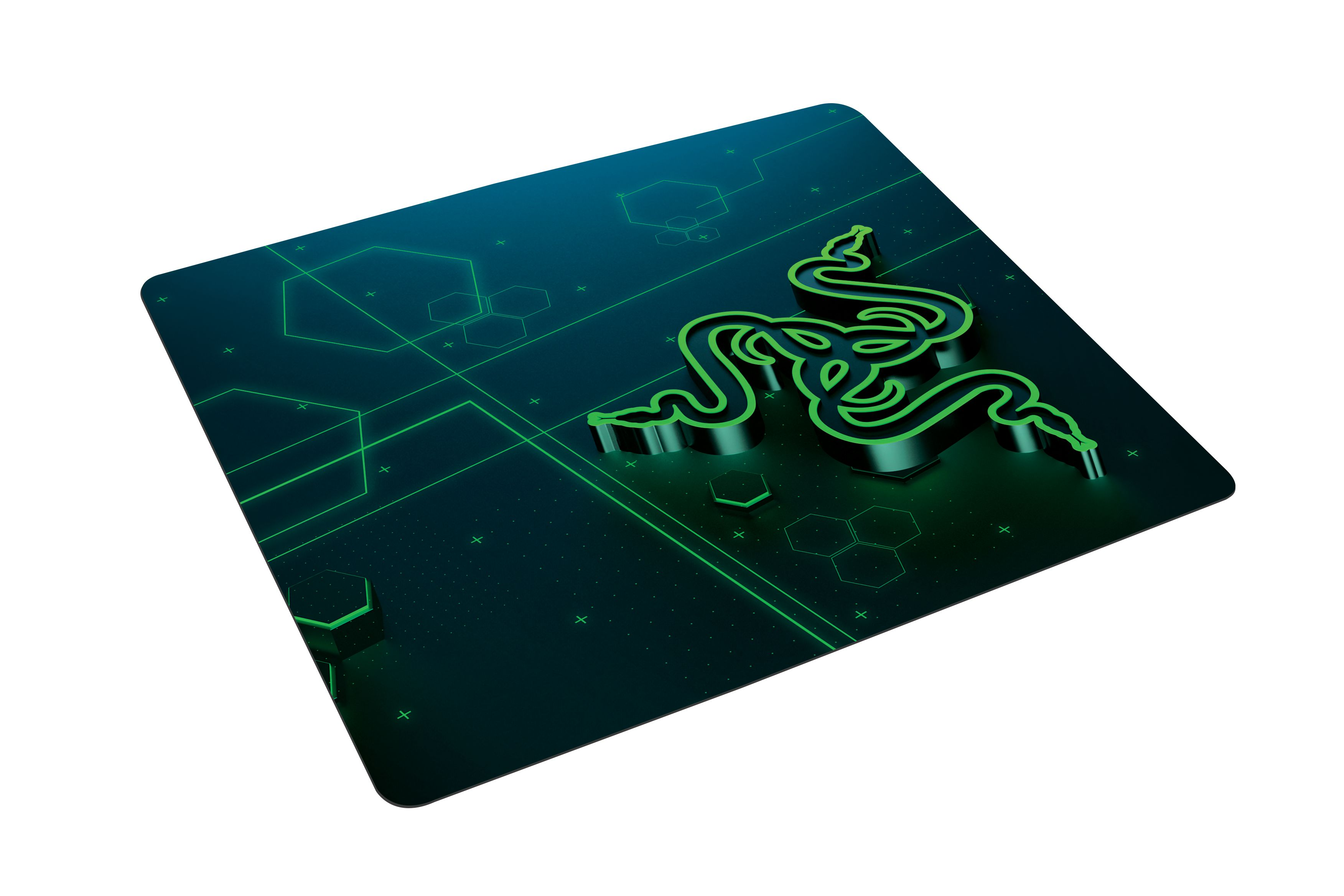 Zielona i czarna podkładka pod mysz Razer z logo Razer, heksagonalny design.