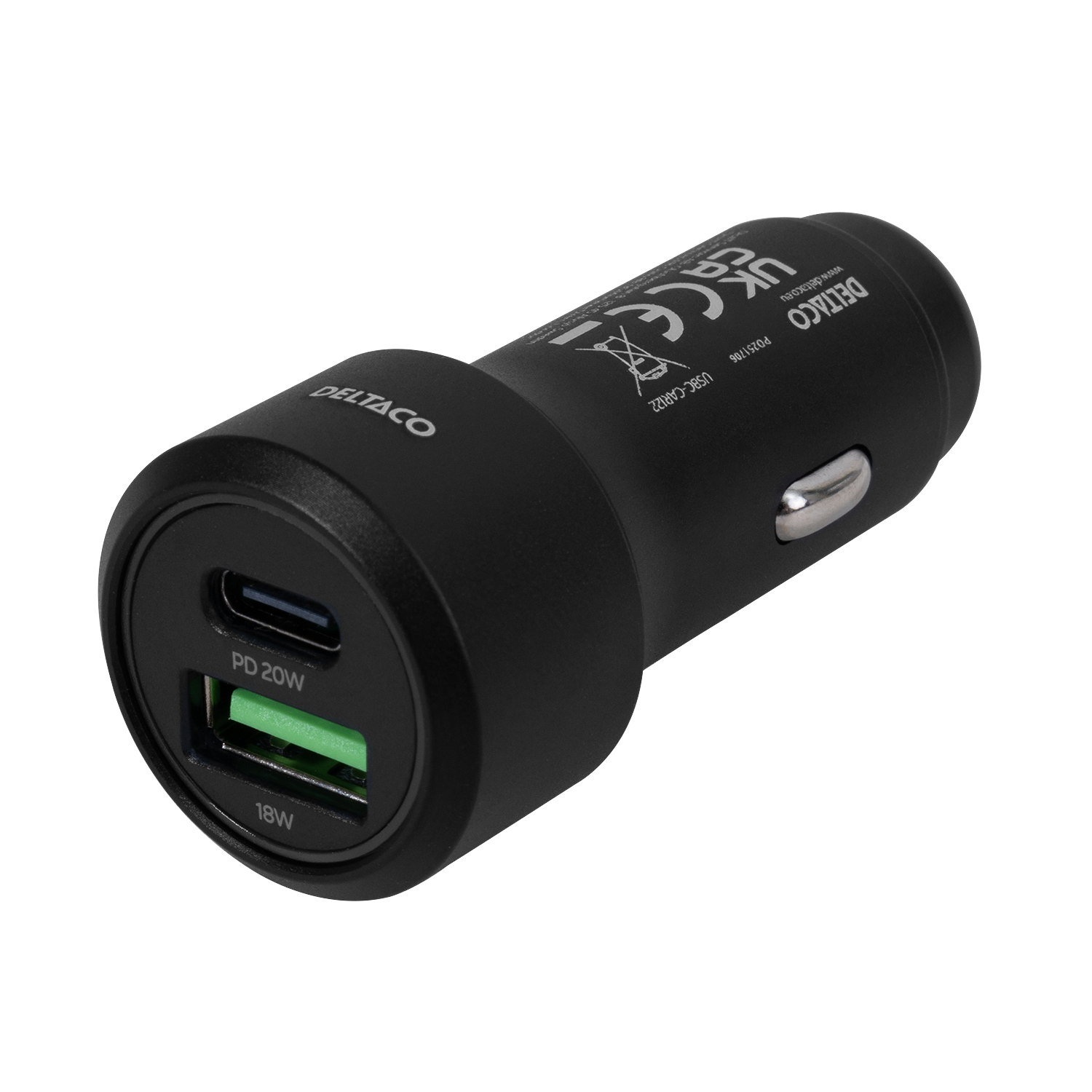 Schwarzes Autoladegerät mit zwei USB-Anschlüssen. Ein Anschluss leuchtet grün, der andere hat PD 20W.