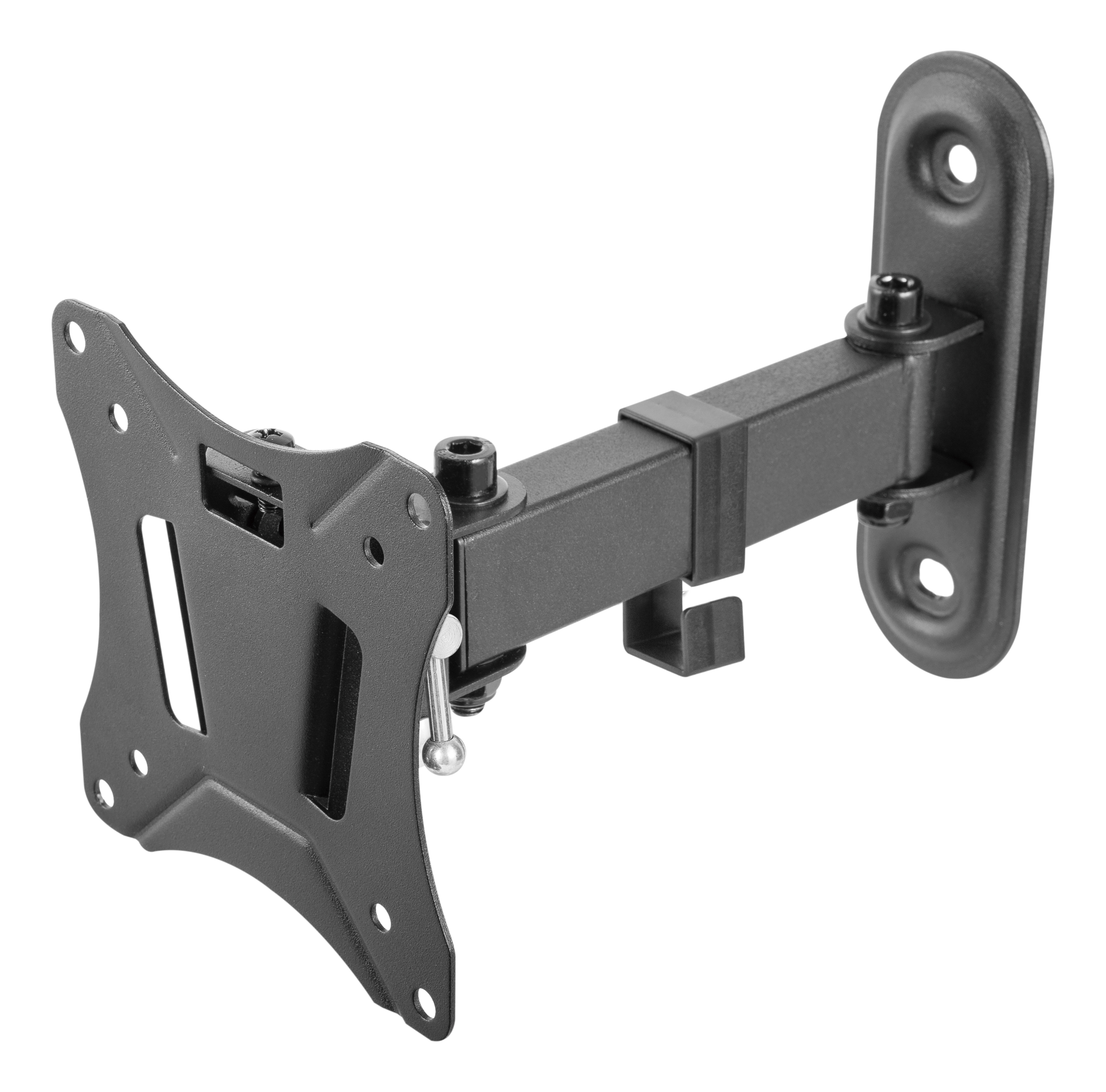 Soporte de pared para TV negro con brazo ajustable y placa de montaje con orificios para tornillos.