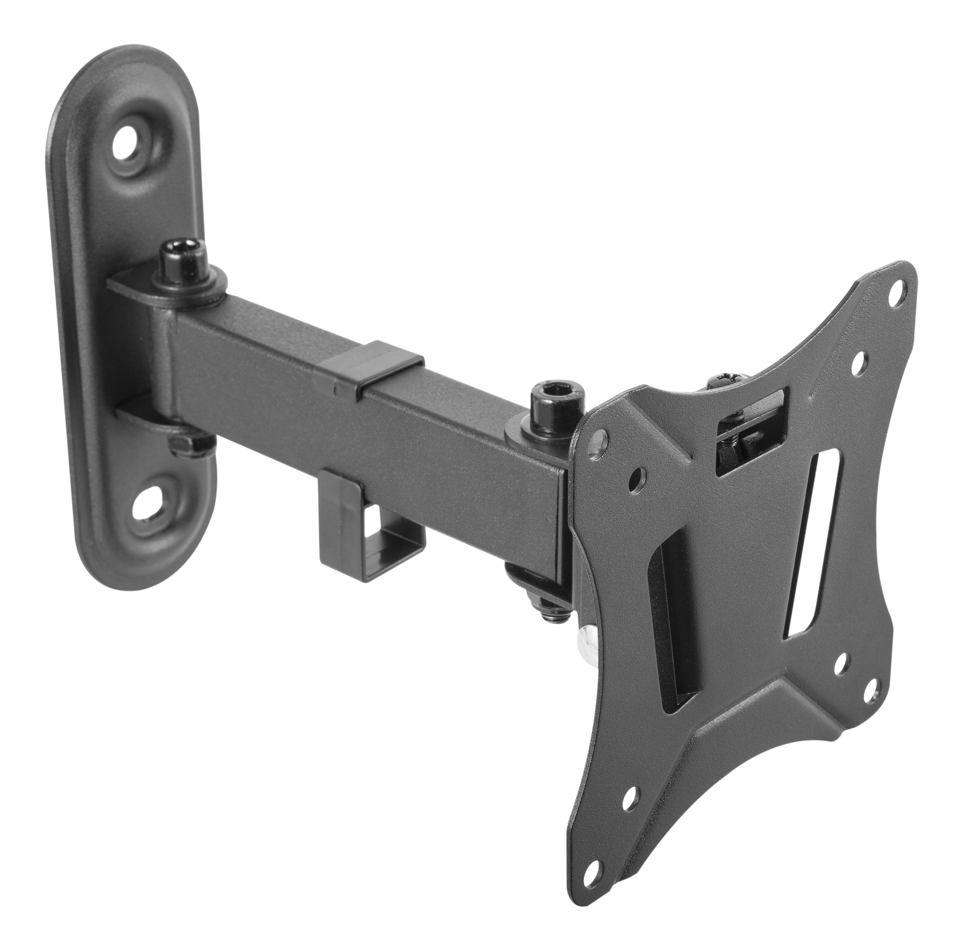 Soporte de pared para TV negro con brazo ajustable, tornillos y placa de montaje.