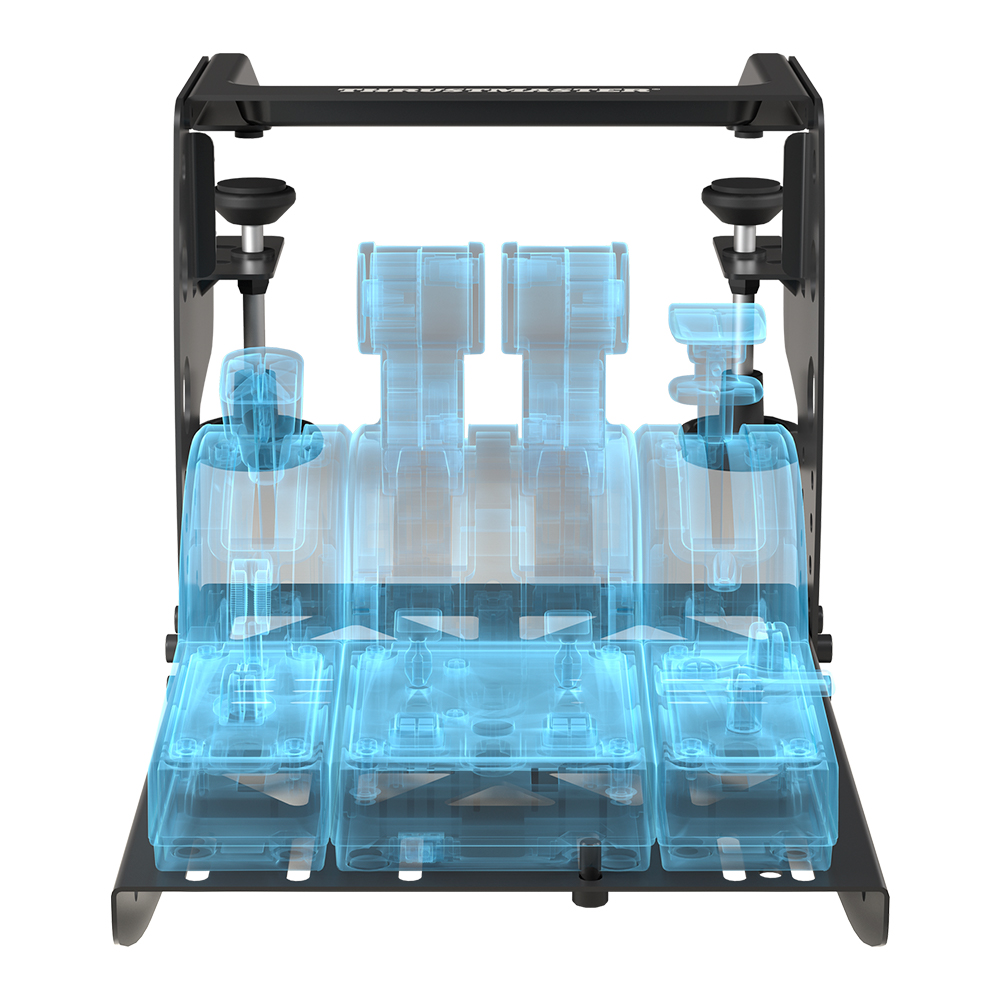Cadre métallique noir avec des superpositions transparentes bleues de contrôleurs. Supports de montage noirs en haut et en bas.