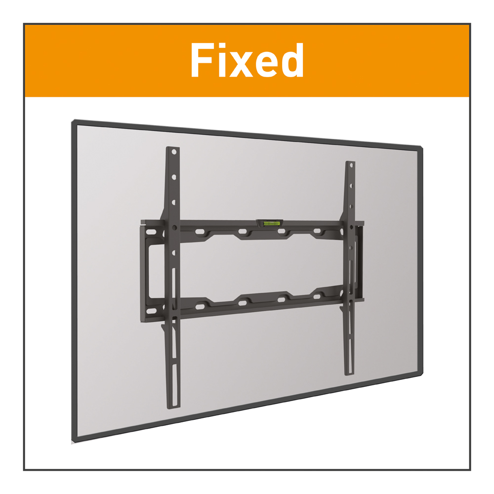 Eine schwarze TV-Halterung an einer Wand, darüber das Wort "Fixed".