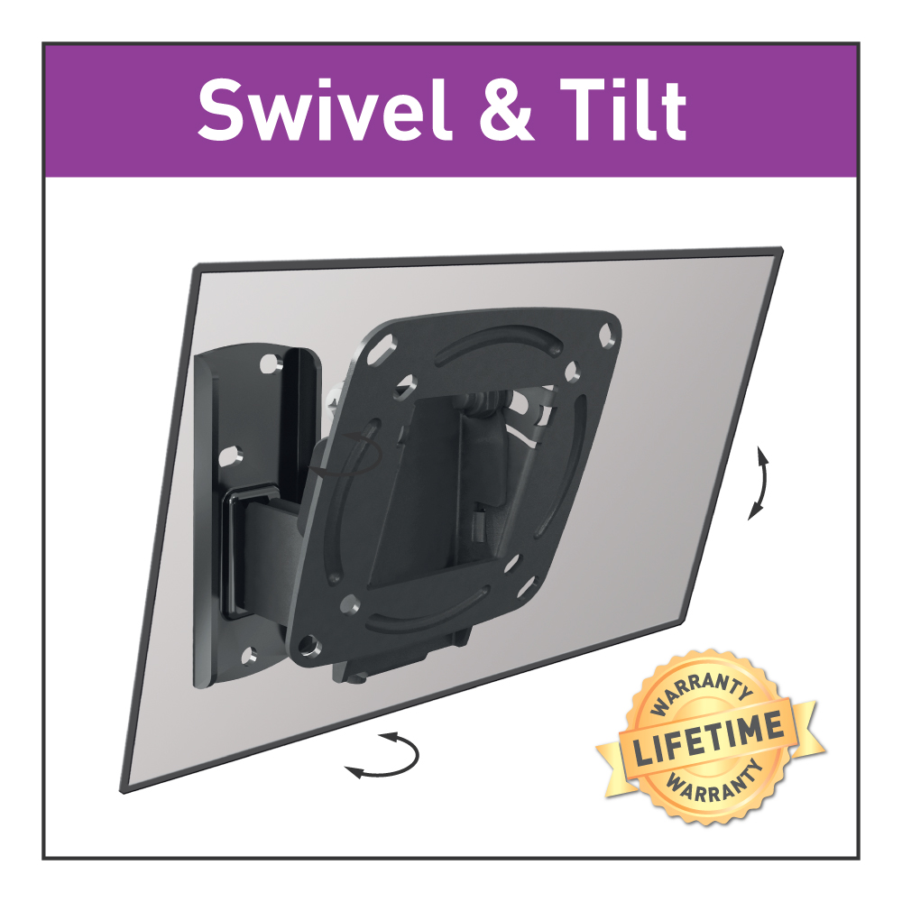 A TV mount attached to a wall mount bracket, with arrows indicating swivel and tilt.