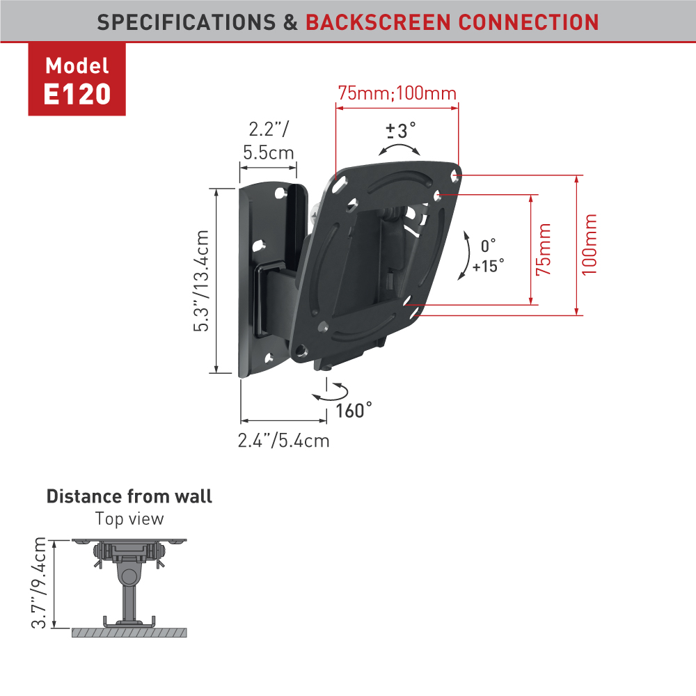 Black TV mount with dimensions. Includes diagrams and measurements in cm and inches.