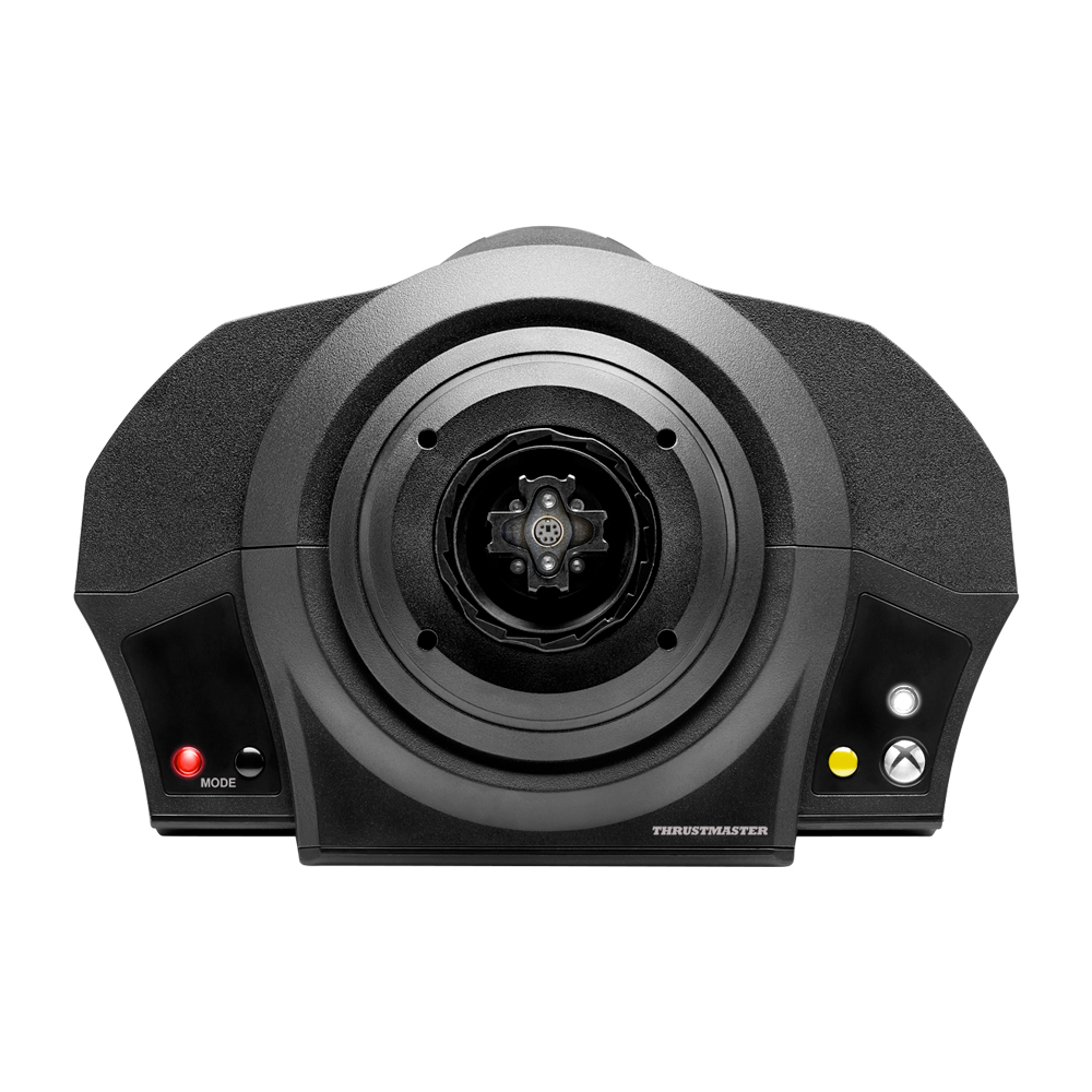 Volant de jeu noir avec boutons rouges et jaunes, bouton mode et logo Thrustmaster.
