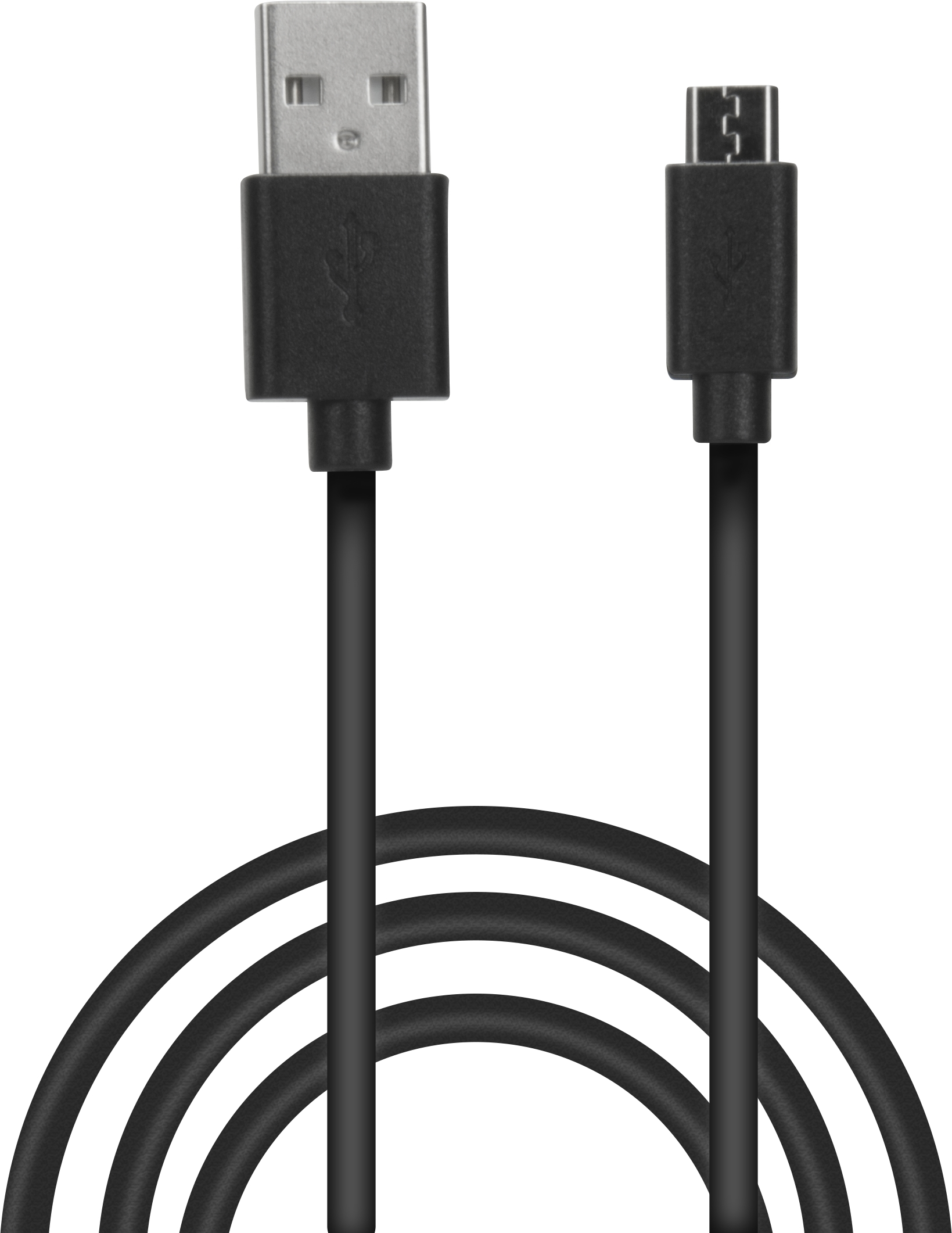 Een zwarte USB-kabel met USB- en micro-USB-connector op een witte achtergrond.