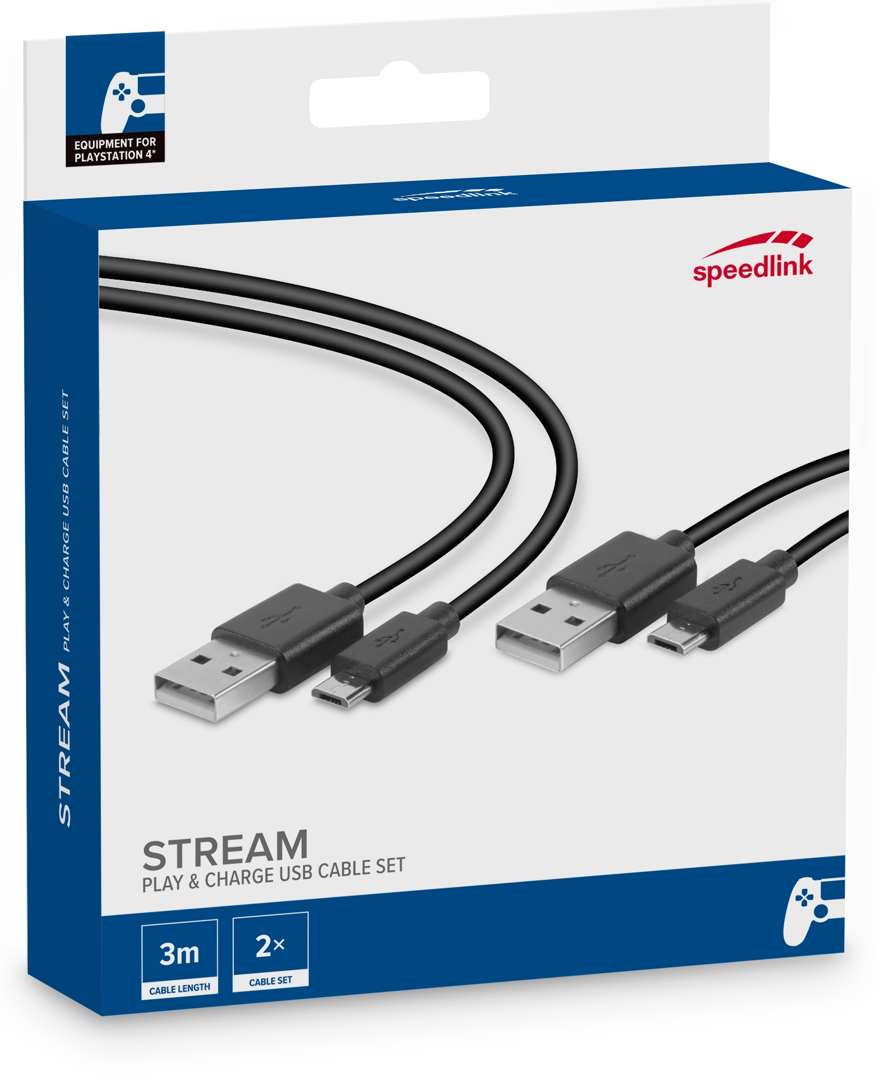 Zwarte USB-kabels in een doos met PlayStation 4-logo en blauwe achtergrond.