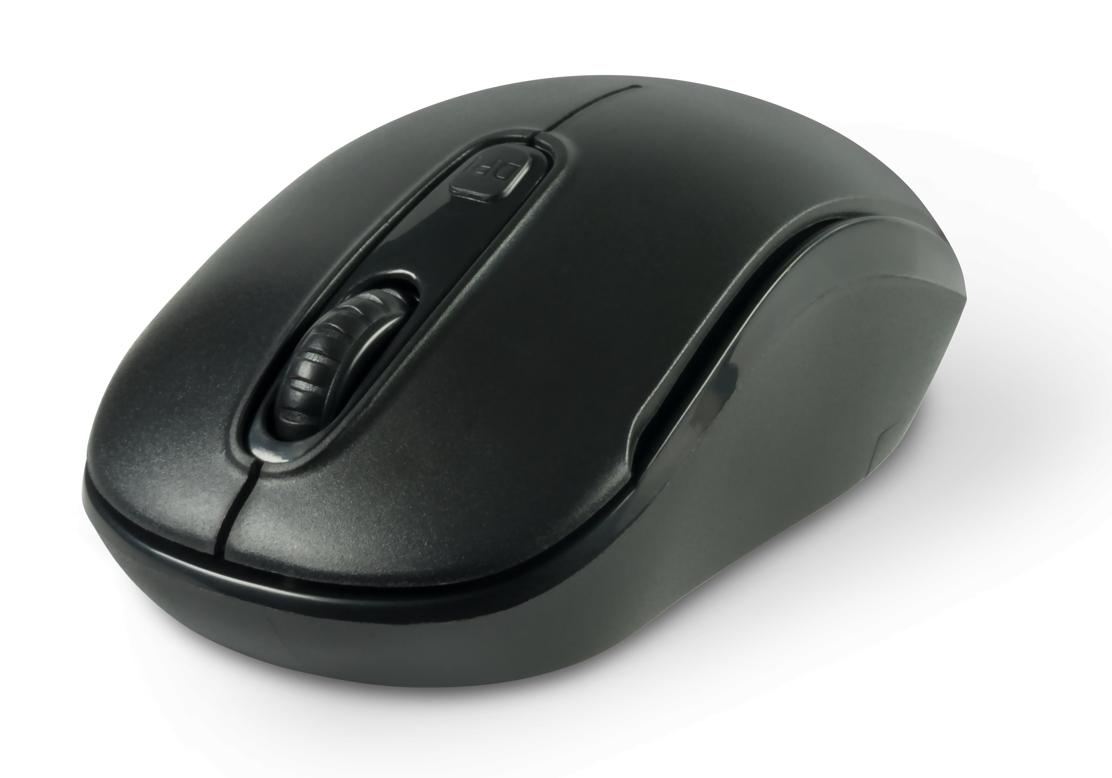 Czarna mysz bezprzewodowa z kółkiem przewijania i przyciskami na białym tle.