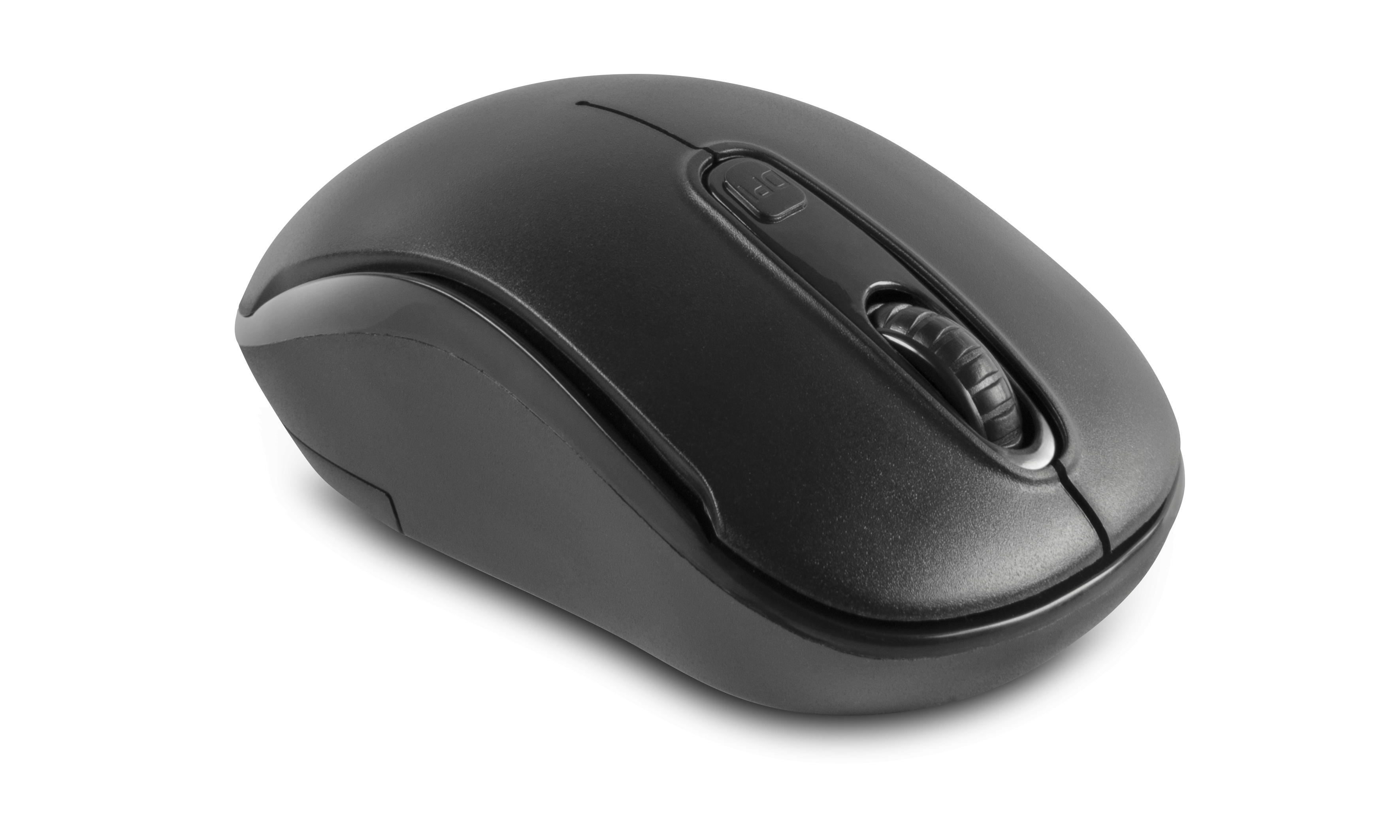 Czarna bezprzewodowa mysz komputerowa z kółkiem przewijania i przyciskami na białym tle.