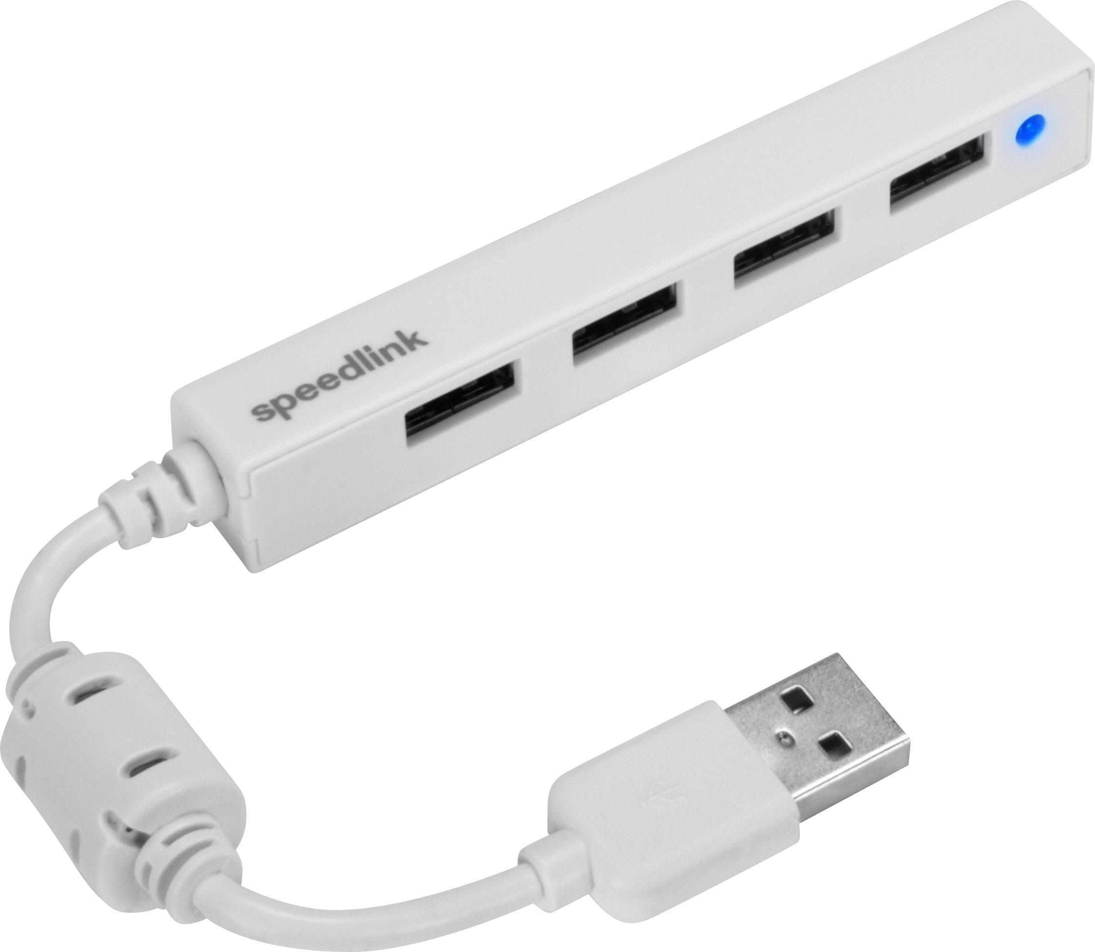 Een witte USB-hub met vier poorten. Een USB-kabel en een blauw lampje zijn zichtbaar.