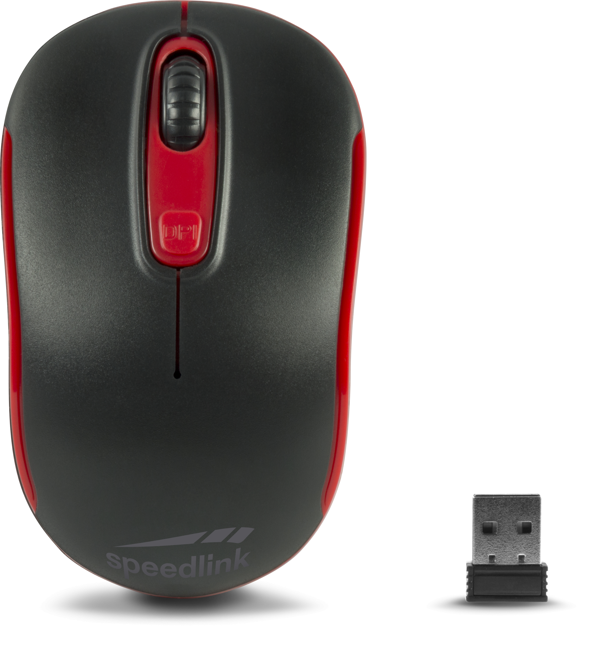Zwarte en rode draadloze muis met een USB-ontvanger, geïsoleerd op wit.
