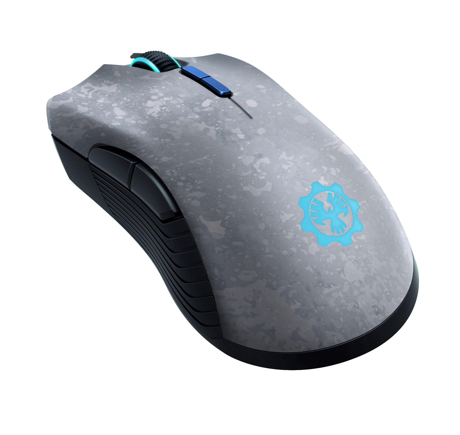 Szara i czarna mysz komputerowa z niebieskim logo i akcentami.