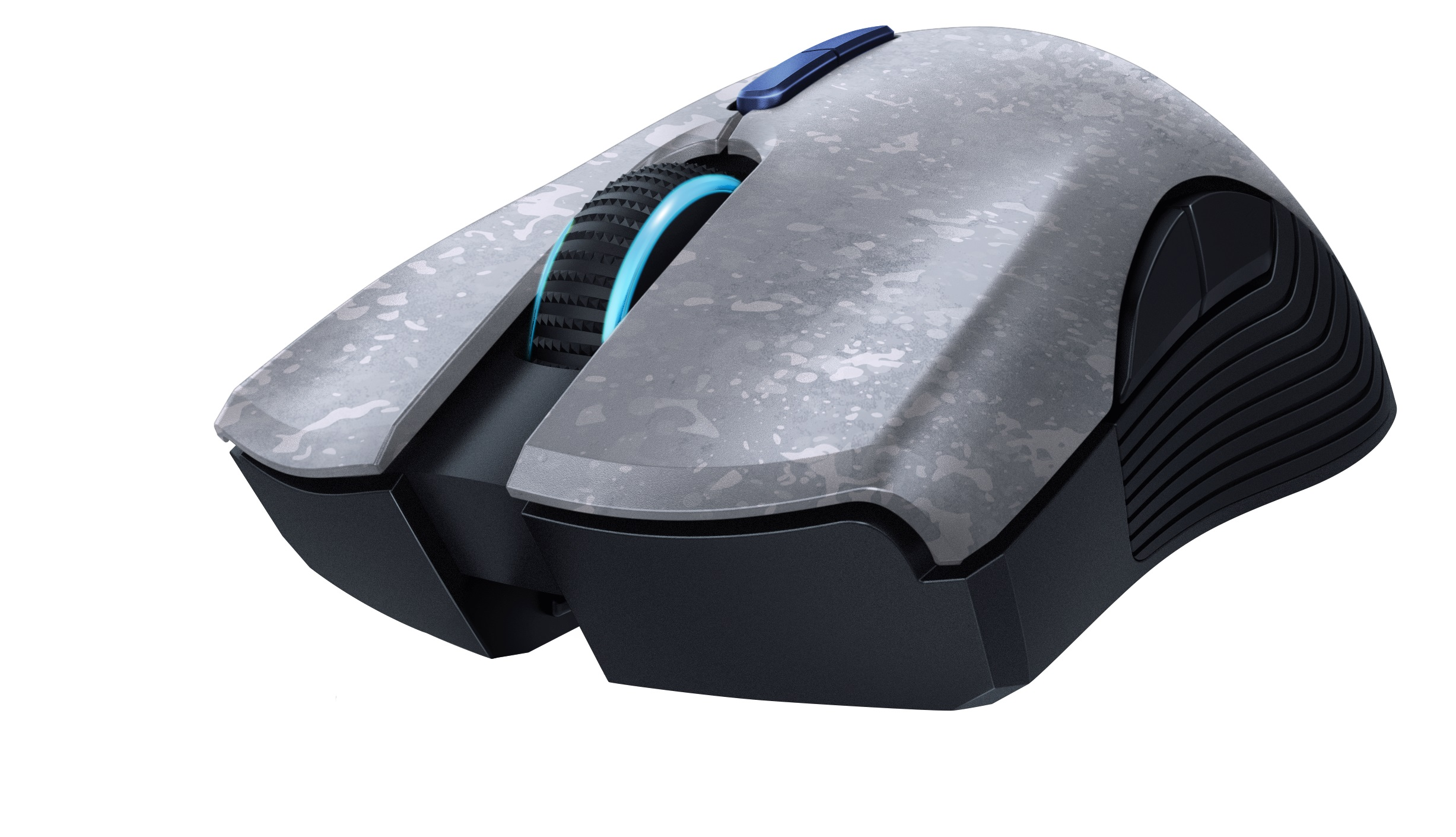 Szara i czarna mysz do gier. Niebieskie kółko przewijania. Białe tło.