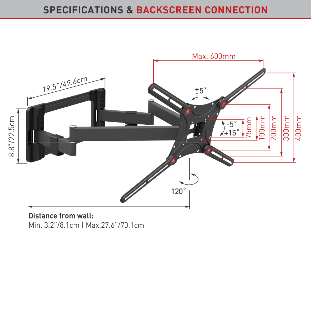 Diagramme montrant un support mural TV avec mesures et angles, sur fond blanc.
