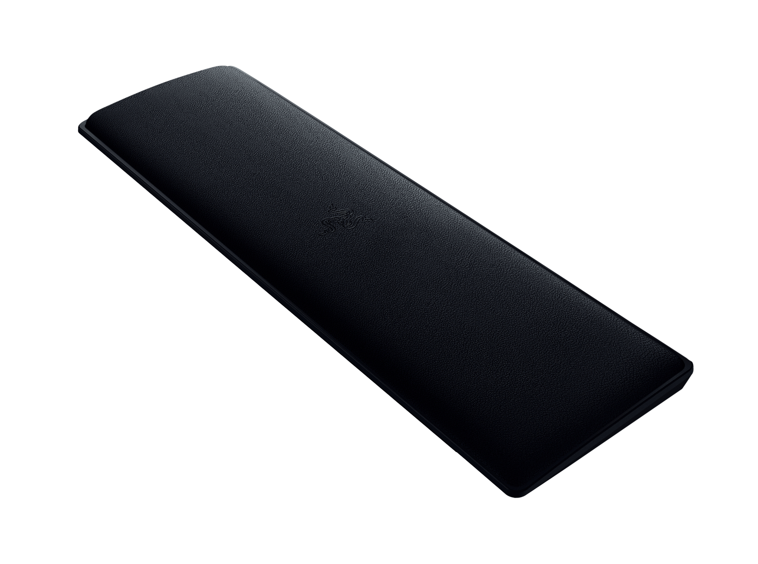 Repose-poignet noir avec le logo Razer. Il a une forme longue et rectangulaire. Fond blanc.