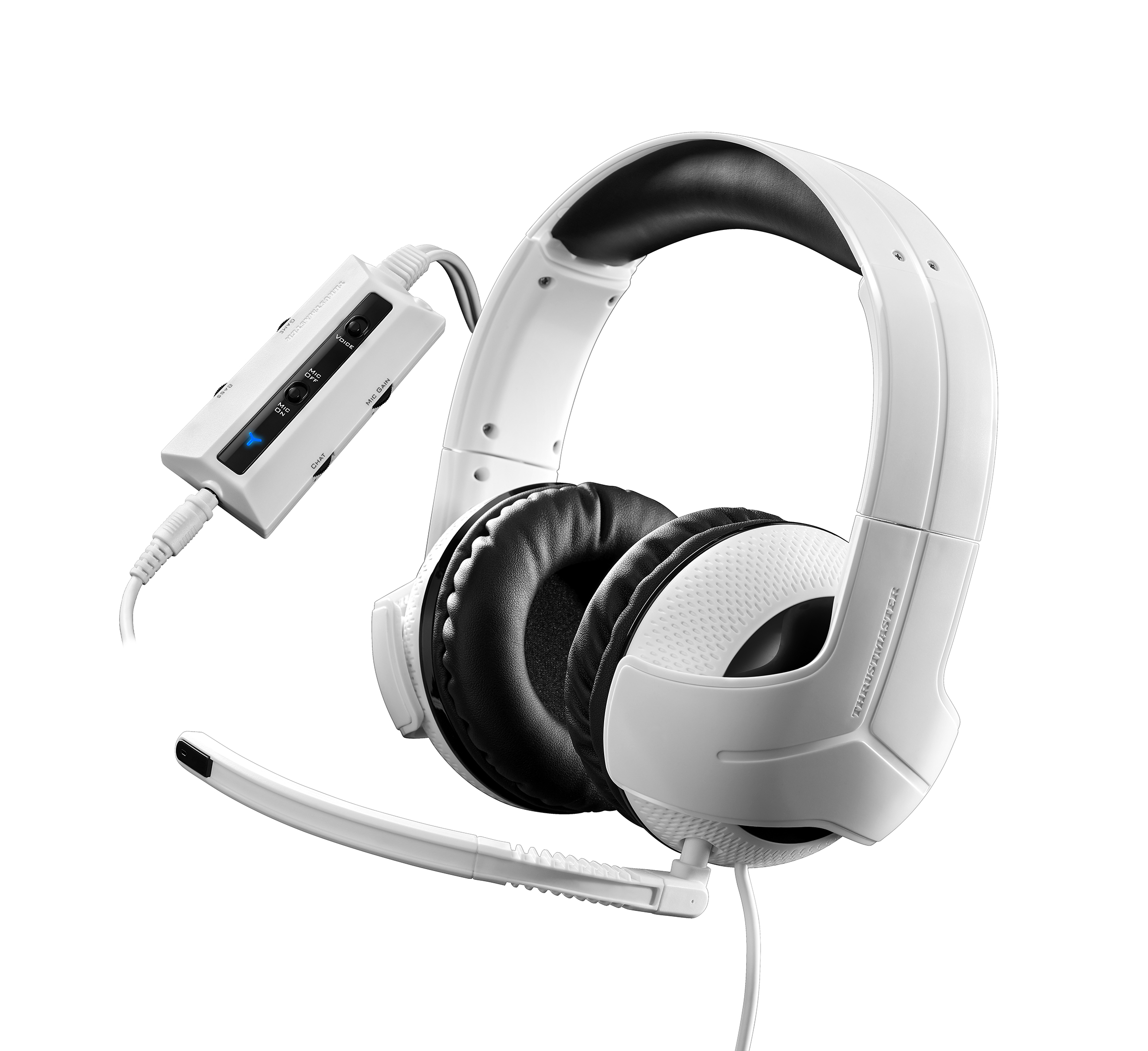 Auriculares para juegos blancos con auriculares negros. También se ve un controlador separado.