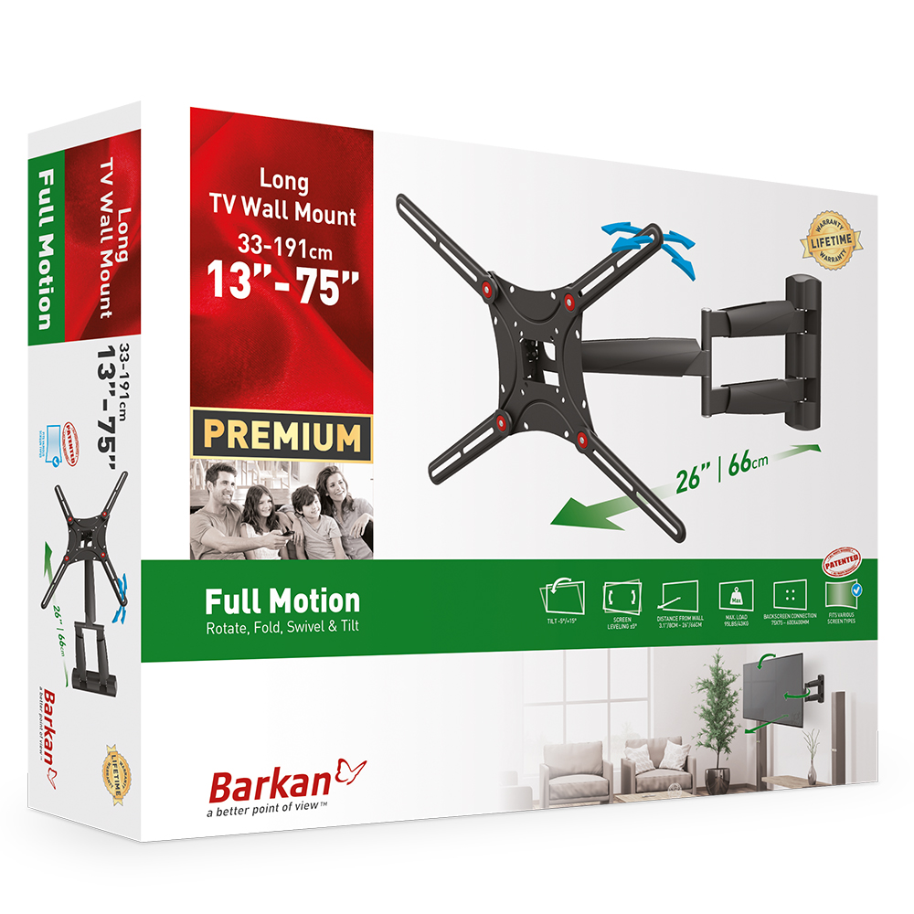Boxed TV wall mount product with a family image and a mounting diagram.