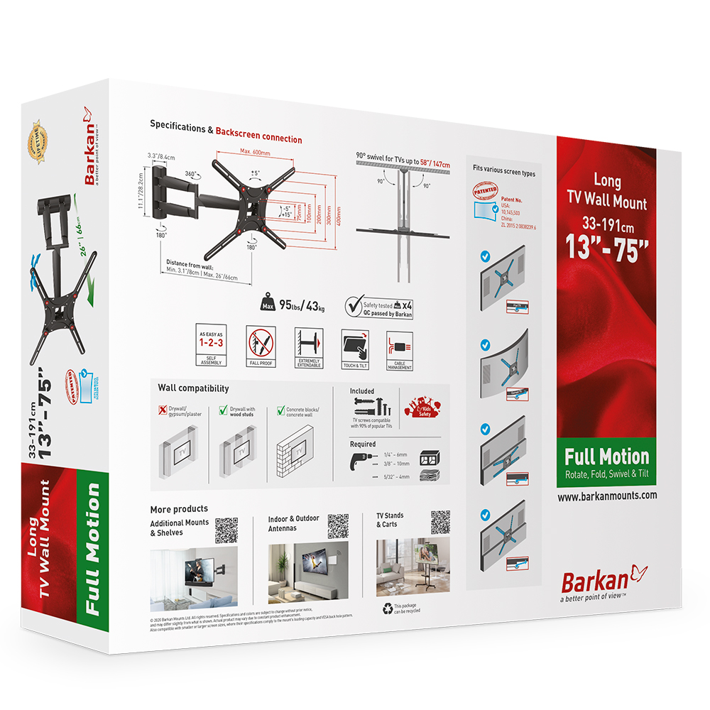 A product box for a TV wall mount, with mounting hardware, and a diagram of the mount.