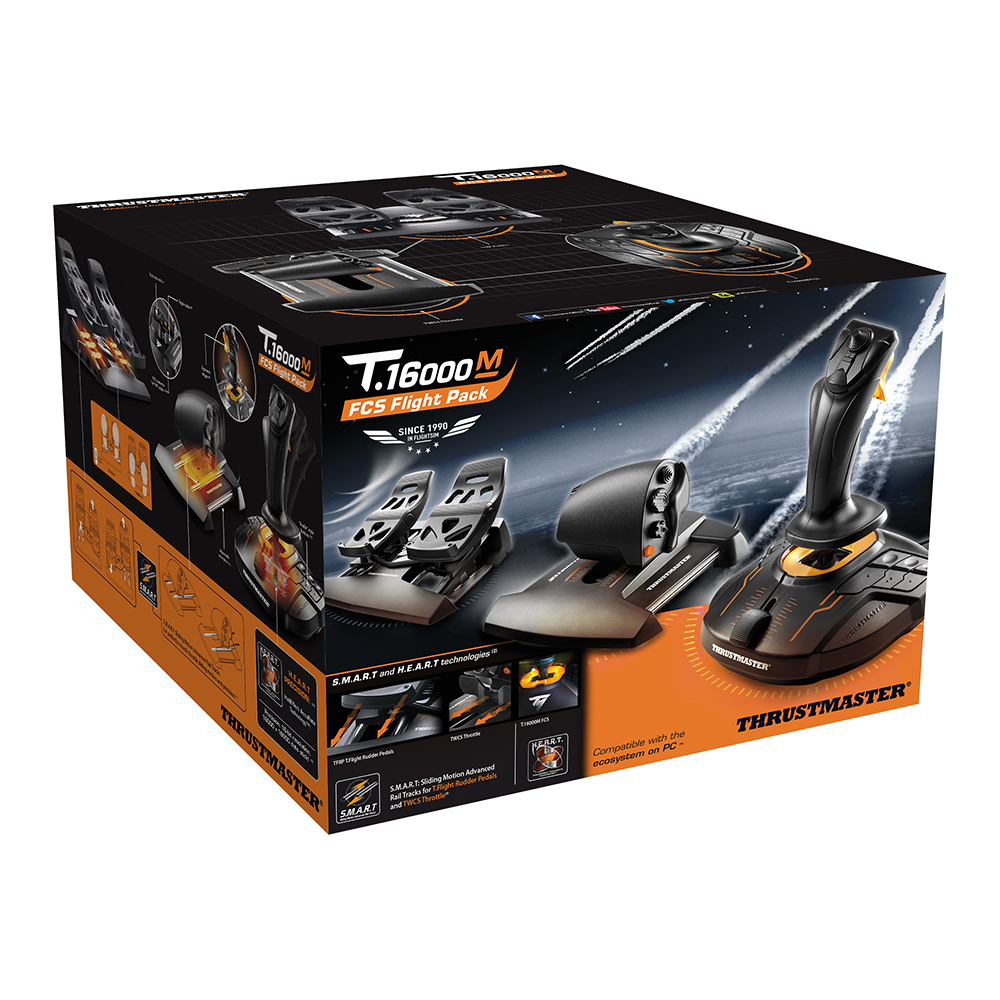 A flight simulator box with joystick and pedals.