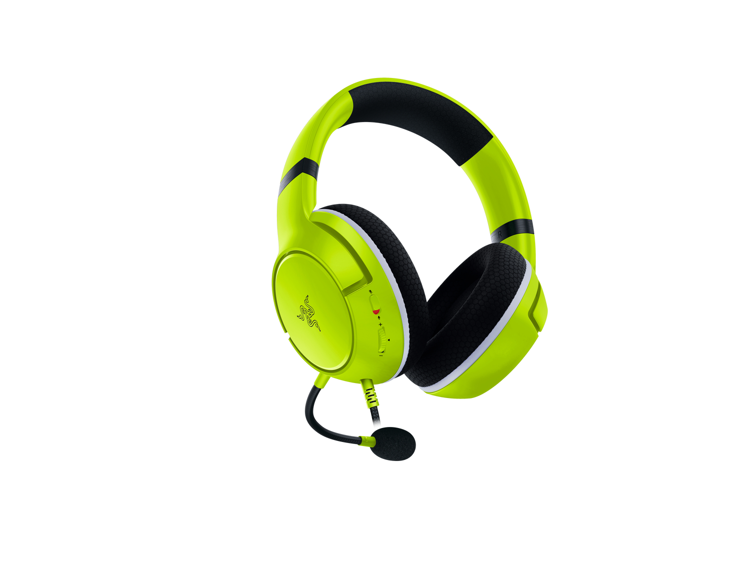 Limettengrünes Razer-Gaming-Headset mit flexiblem Mikrofon und schwarzen Akzenten.