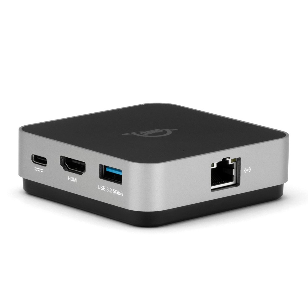 Een zilver en zwart apparaat met HDMI, USB en Ethernet poorten.